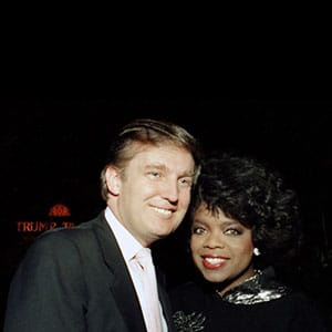 Businessman Donald Trump and Oprah Winfrey at Tyson vs Holmes Convention Hall in Atlantic City, New Jersey January 22 1988. (Jeffrey Asher/Getty Images)