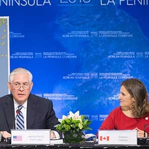 Minister of Foreign Affairs, Chrystia Freeland, right, and Korean Foreign Affairs Minister Kang Kyung-wha, listen as Secretary of State for the United States, Rex Tillerson speaks at the opening remarks of the meeting on Security and Stability on the Korean Peninsula in Vancouver, B.C., Tuesday, Jan. 16, 2018. THE CANADIAN PRESS/Jonathan Hayward