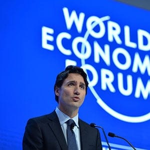 DAVOS, SWITZERLAND - JANUARY 20: Canadian Prime Minister Justin Trudeau delivers a speech during the World Economic Forum, in Davos, Switzerland, on January 20, 2016.  (Photo by Dursun Aydemir/Anadolu Agency/Getty Images)