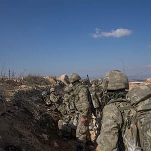 AFRIN, SYRIA -JANUARY 28: Turkish soldiers are seen after Turkish military aircrafts hit PYD/PKK terror group targets and secure the mountain within the 'Operation Olive Branch' launched in Syria's Afrin, on January 28, 2018. Turkey launched Operation Olive Branch on January 20 in Syrias northwestern Afrin region; the aim of the operation is to establish security and stability along Turkish borders and the region as well as to eliminate PKK/KCK/PYD-YPG and Daesh terror groups, and protect the Syrian people from the oppression and cruelty of terrorists.
 (Photo by Emin Sansar/Anadolu Agency/Getty Images)