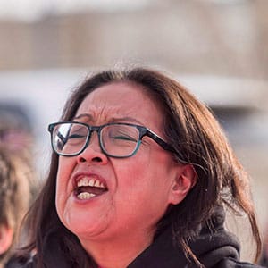 Colten Boushie's mother Debbie Baptiste addresses demonstrators gathered outside of the courthouse in North Battleford, Sask., on February 10, 2018. The Trudeau government is facing criticism and accusations of political interference after several ministers appeared to question the verdict in what had already been one of the most polarizing criminal cases in recent Canadian history. THE CANADIAN PRESS/Matt Smith