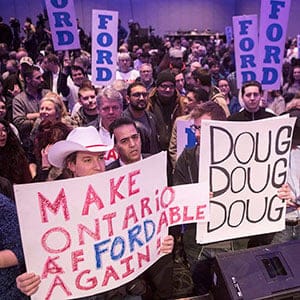 Supporters gather to hear Ontario PC Leadership candidate Doug Ford address a campaign rally in Toronto on Saturday, February 3, 2018. THE CANADIAN PRESS/Chris Young