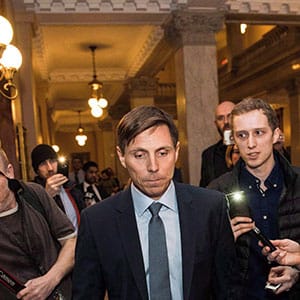 Ontario Progressive Conservative Leader Patrick Brown leaves Queen's Park after a press conference in Toronto on Wednesday, January 24, 2018. Former Ontario Progressive Conservative leader Patrick Brown says he is suing CTV News over its reporting of what he alleges are false accusations of sexual misconduct. THE CANADIAN PRESS/Aaron Vincent Elkaim