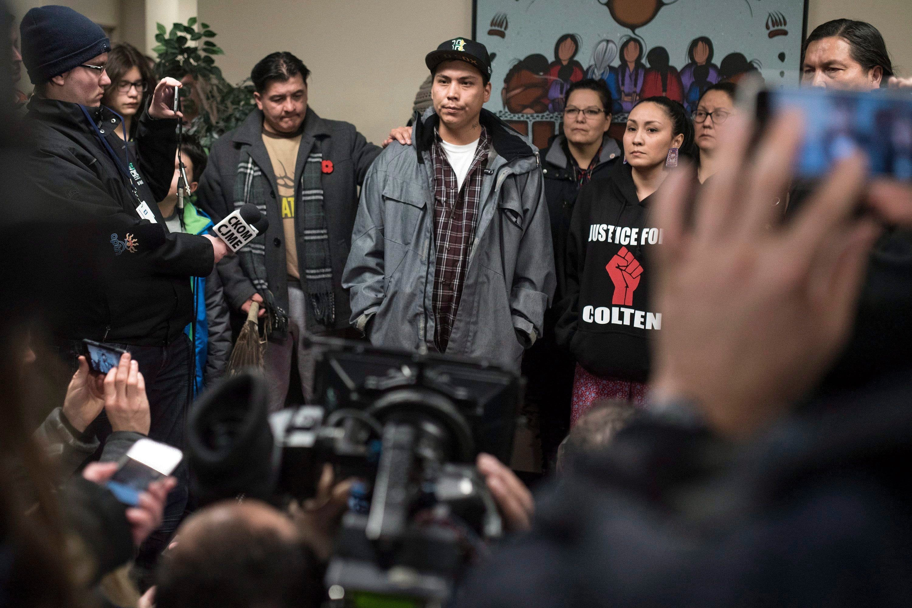 Jace Boushie, brother of Colten Boushie, looks on during a media event at the Battlefords Agency Tribal Chiefs head office after a jury delivered a verdict of not guilty in the trial of Gerald Stanley, the farmer accused of killing the 22-year-old Indigenous man Colten Boushie, in Battleford, Sask., Friday, February 9, 2018. THE CANADIAN PRESS/Liam Richards