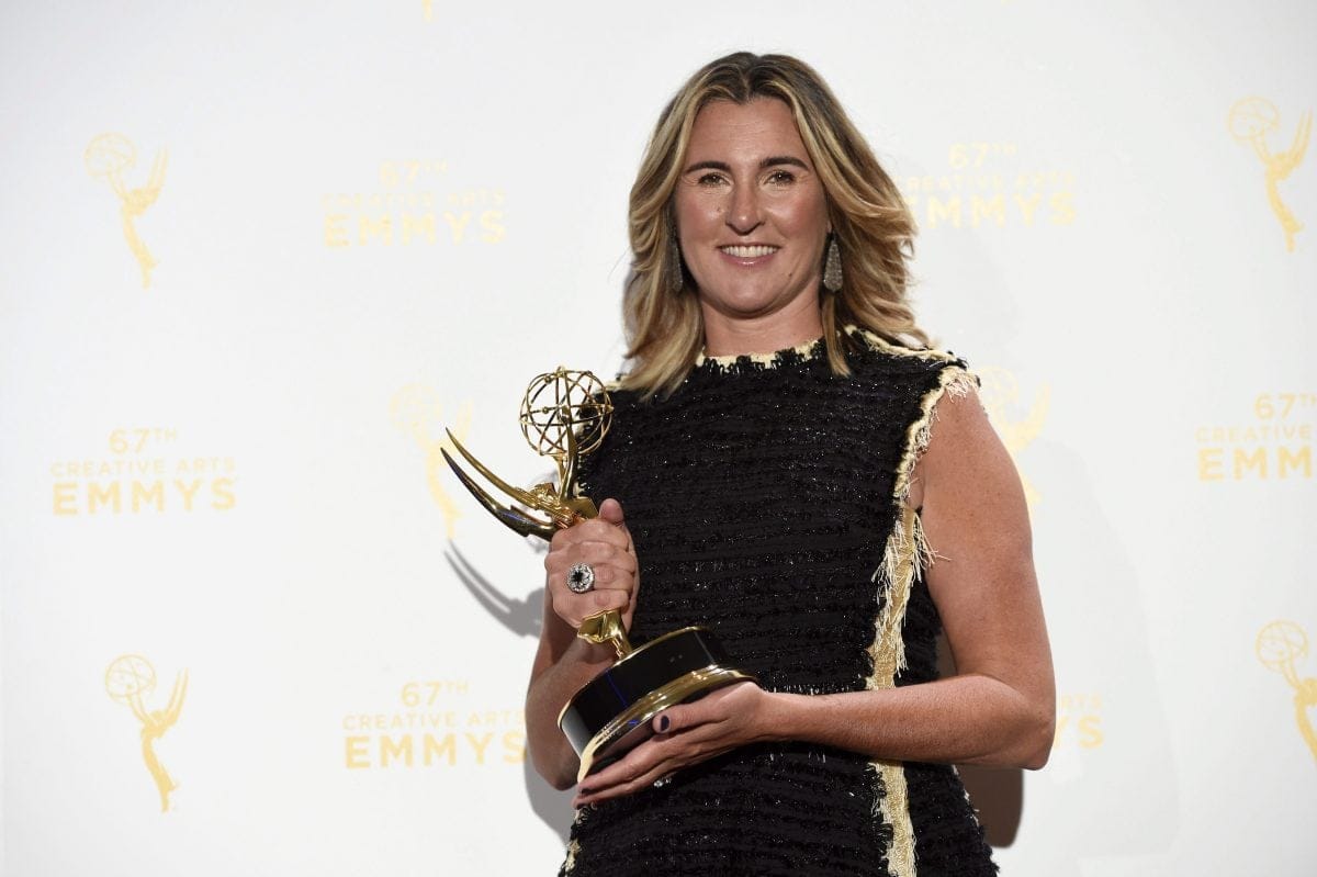 Nancy Dubuc, winner of the Governors award poses in the press room at the Creative Arts Emmy Awards at the Microsoft Theater on Saturday, Sept. 12, 2015, in Los Angeles. (Photo by Chris Pizzello/Invision/AP)