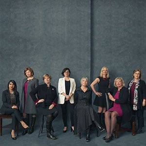 Left to right: Bardish Chagger, Karen Vecchio, Nikki Ashton, Patty Hajdu, Catherine McKenna, Marilyn Gladu, and Elizabeth May. (Photograph by Jessica Deeks)
