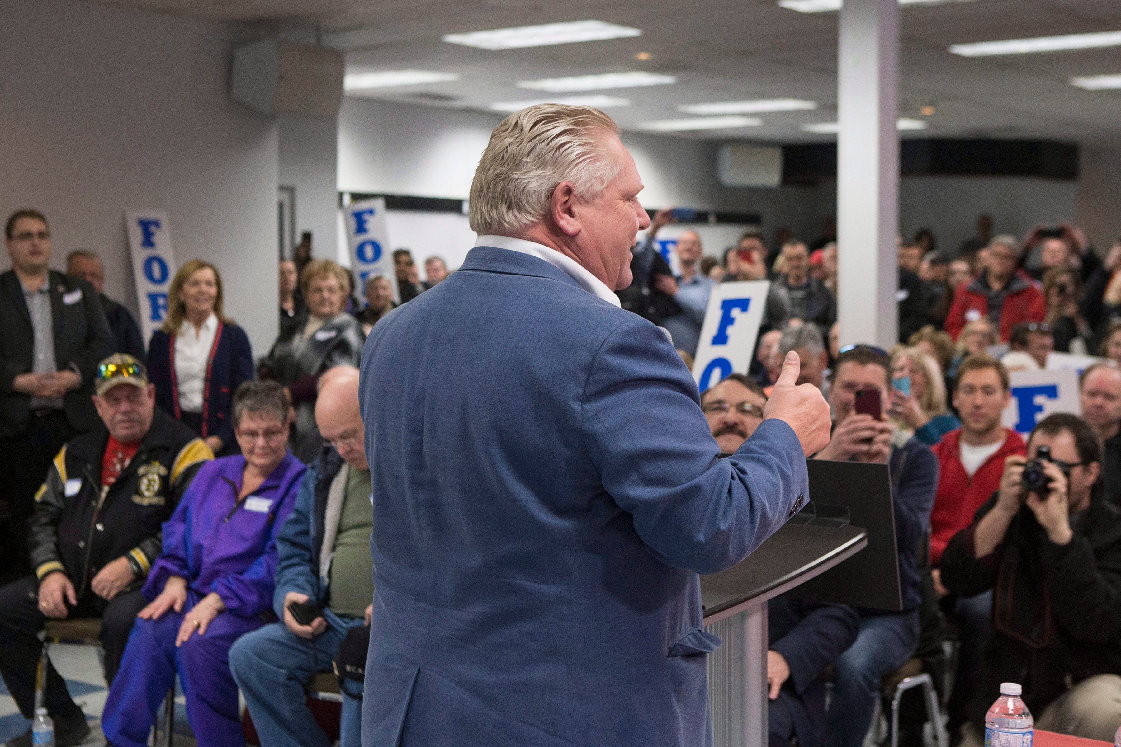 Ontario PC Leader Doug Ford speaks to supporters before a campaign rally in Oshawa, Ontario, on Saturday March 24, 2018. THE CANADIAN PRESS/Chris Young