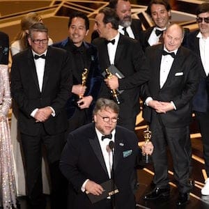 Guillermo del Toro and the cast and crew of "The Shape of Water" accept the award for best picture at the Oscars on Sunday, March 4, 2018, at the Dolby Theatre in Los Angeles. (Photo by Chris Pizzello/Invision/AP)