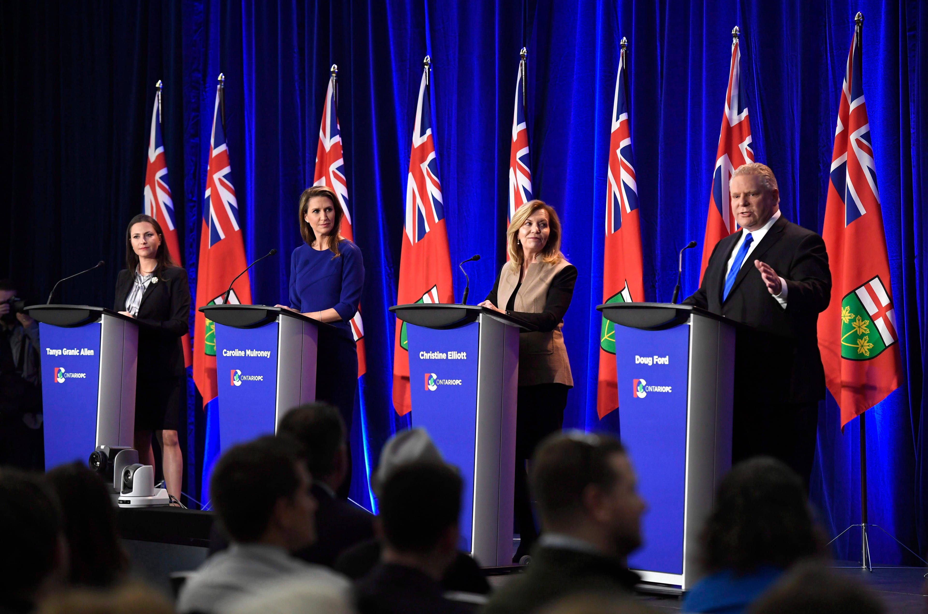 Ontario PC leadership candidate Doug Ford speaks as candidates Tanya Granic Allen, left, Caroline Mulroney and Christine Elliott participate in a debate in Ottawa on Wednesday, Feb. 28, 2018. THE CANADIAN PRESS/Justin Tang
