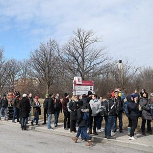 TORONTO- MARCH 5  -  Hundreds of York University contract faculty line up to register as they go on strike as negotiations break down. The teaching assistants, part-time faculty and graduate assistants start the strike with a  rally on Monday morning at Main Gate   at York University inToronto. March 5, 2018.        (Steve Russell/Toronto Star via Getty Images)