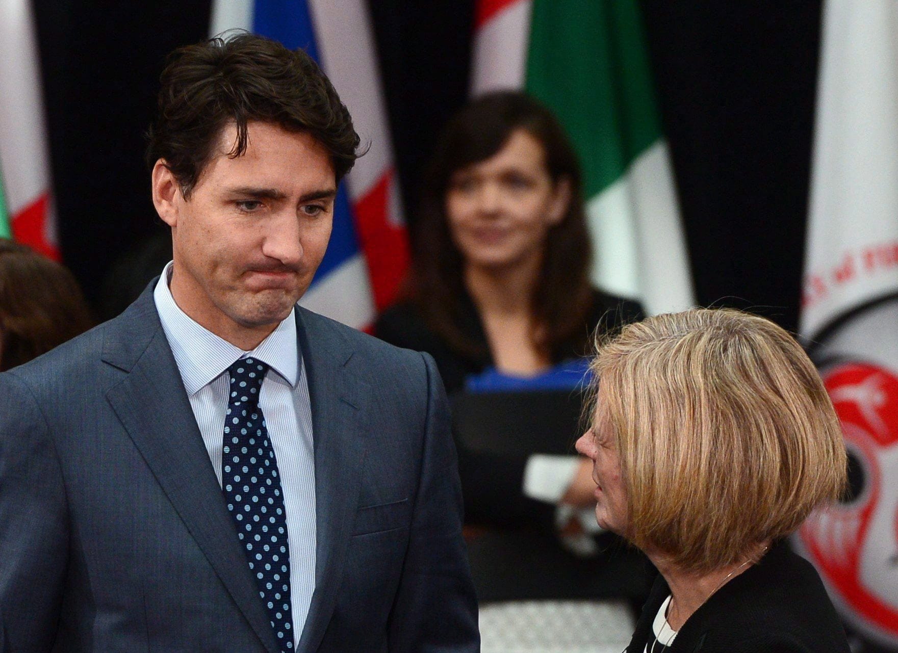 Prime Minister Justin Trudeau talks with Alberta Premier Rachel Notley as they arrive for the First Ministers Meeting in Ottawa on Tuesday, Oct. 3, 2017. (THE CANADIAN PRESS/Sean Kilpatrick)