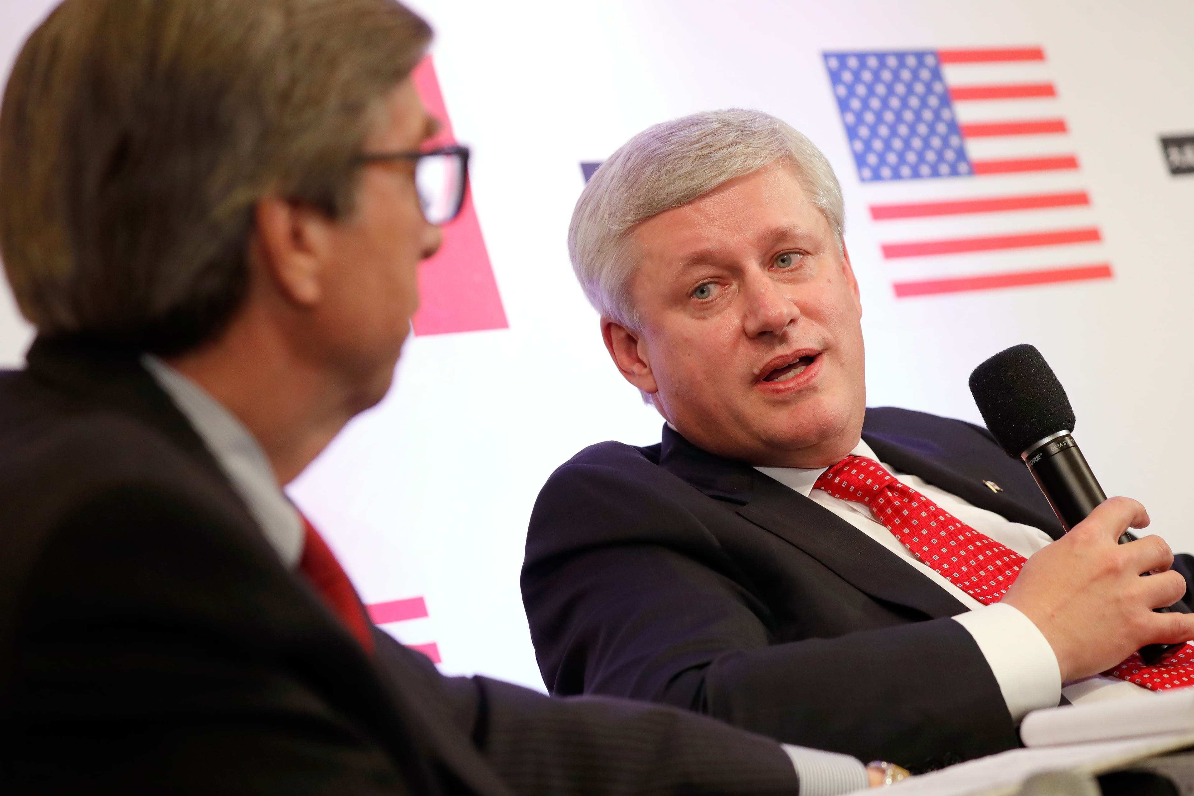 Ambassador Gordon D. Giffin and Stephen Harper speak about Trump, Trudeau, and NAFTA Negotiations at Dentons NAFTA 2.0 Summit on Oct. 11, 2017 in Washington.  (Photo by Paul Morigi/Getty Images for Dentons)