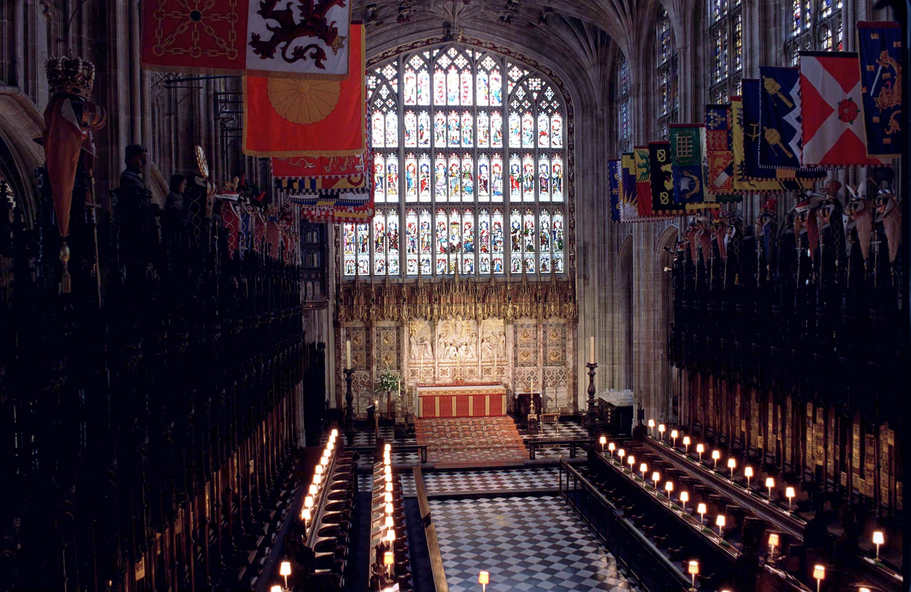 WINDSOR, UNITED KINGDOM - MAY 14:  The Quire In St.george's Chapel. Above The Garter Stalls Hang The Banners Of The Knight Of The Garter, Below Which Are Displayed Their Crests, Helmets And Swords. The Wedding Of Prince Edward And Sophie Rhys-jones Took Place Here And The Royal Family Sat On The Right Hand Side.  (Photo by Tim Graham/Getty Images)
