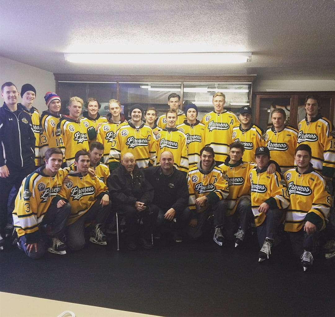 The SJHL Humboldt Broncos, as well as the coaching staff, made a special trip to Cudworth on Nov. 29 to visit with Elgar Petersen. The team also had lunch and visited with other residents of the Cudworth Nursing Home. 

Pictured (L to R) Back: Mark Cross, Logan Hunter, Jaxon Joseph, Bryce Fiske, Tyler Smith, Grayson Cameron, Logan Schatz, Brayden Camrud, Jacob Leicht, Jacob Wassermann, Evan Thomas, Stephen Wack, Connor Lukan, Matthew Moran, Matthieu Gomercic.
Front: Xavier Labelle, Blake Berschiminsky, Derek Patter, Elgar Petersen, Darcy Haugan, Logan Boulet, Sam-Jaxon Visscher, Ryan Straschnitzki, Reagan Poncelet. (Photo courtesy of Jocelyn Doetzel/The Humboldt Journal)