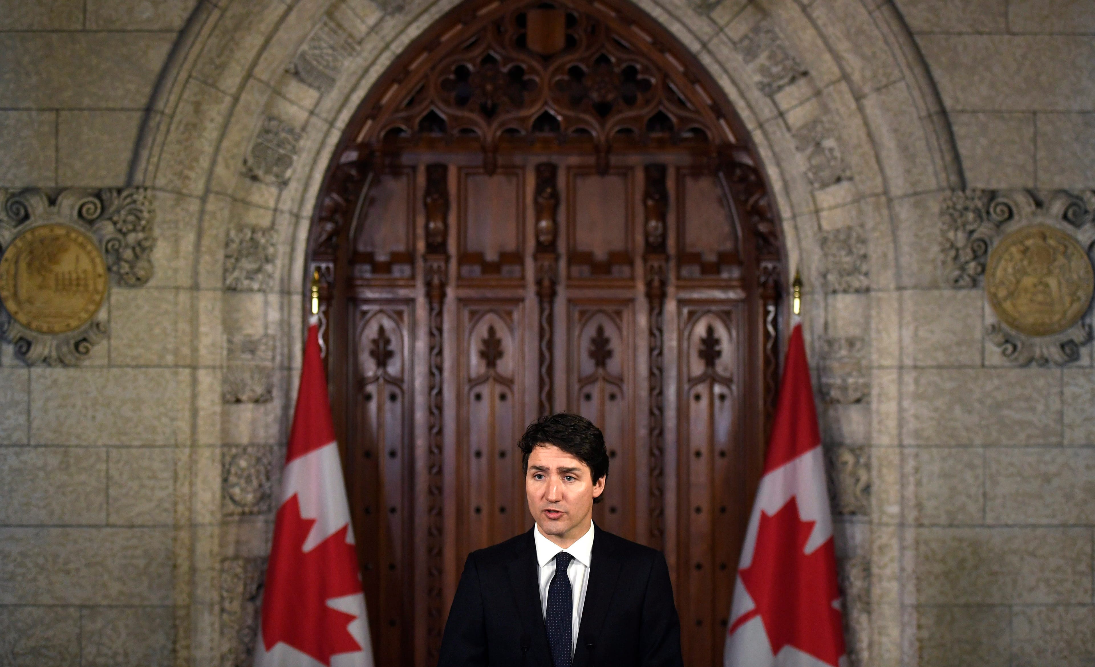 Prime Minister Justin Trudeau makes a statement on the incident involving pedestrians being struck by a van in Toronto, in the Foyer of the House of Commons on Parliament Hill on Tuesday, April 24, 2018 in Ottawa. THE CANADIAN PRESS/Justin Tang
