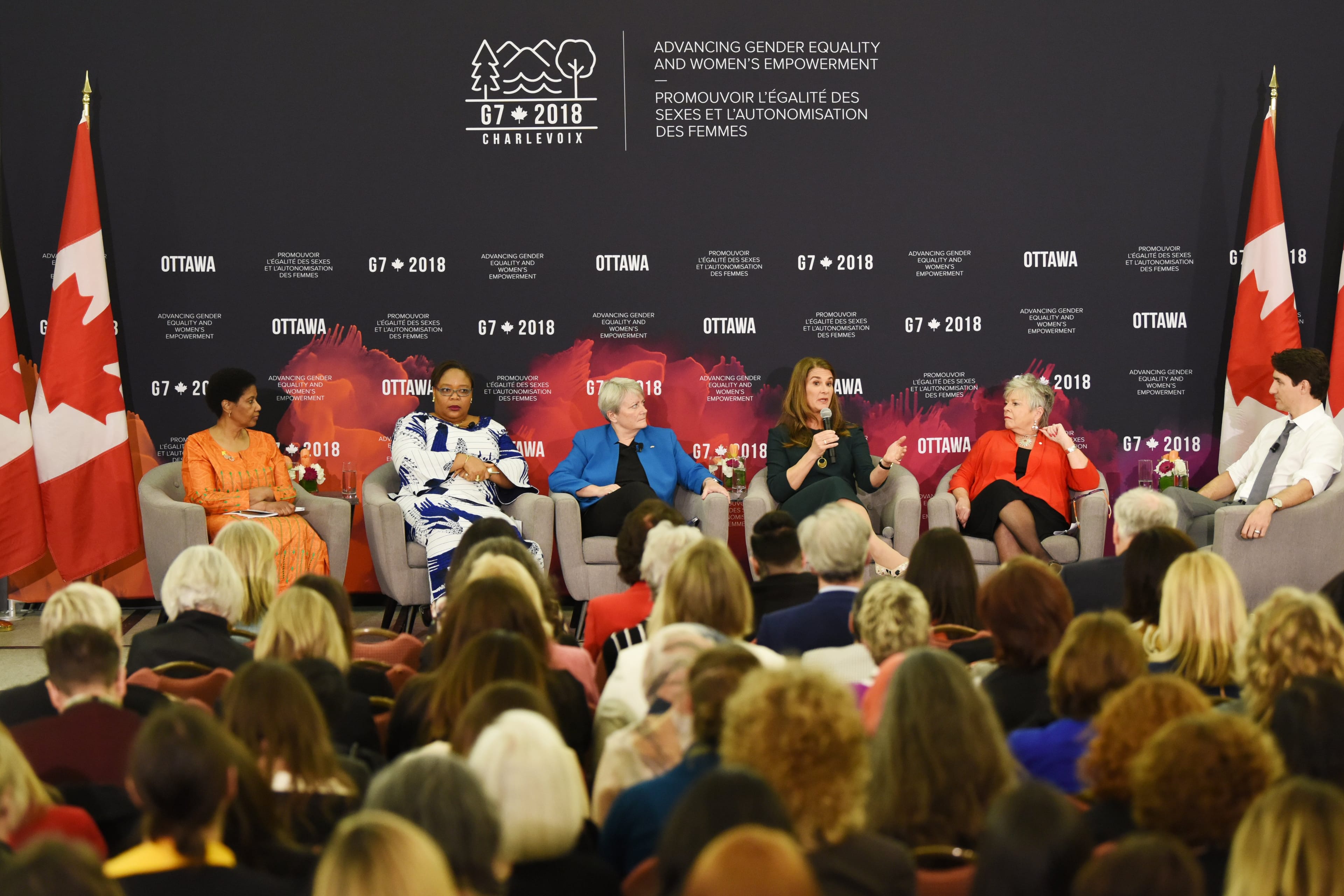 Melinda Gates speaks on a panel at the G7 Gender Equality Advisory Council meeting in Ottawa, Ontario. (Photography by Sarah Dea)