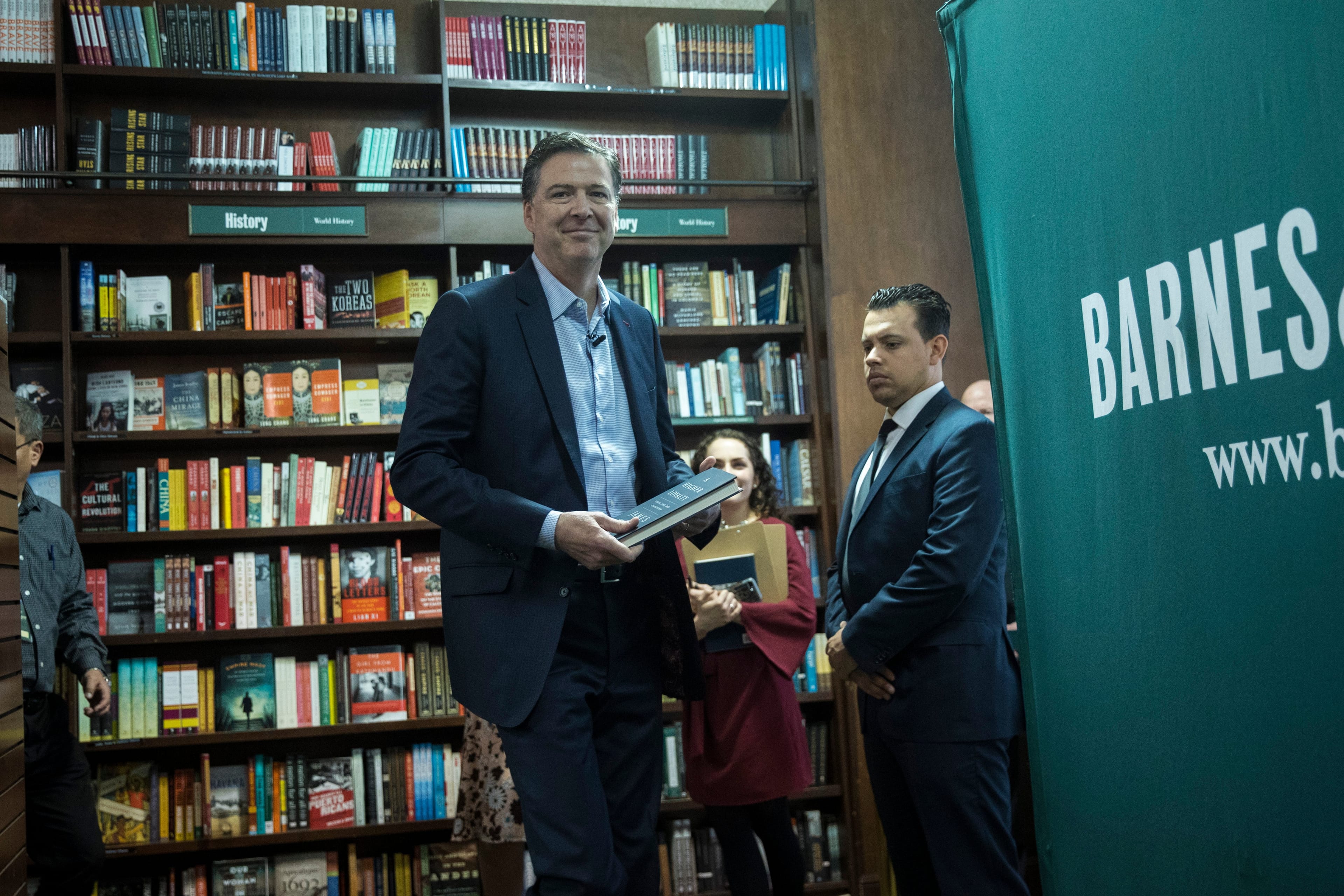 Former FBI Director James Comey arrives to speak about his new book 'A Higher Loyalty: Truth, Lies, and Leadership' at Barnes & Noble bookstore, April 18, 2018 in New York City. (Photo by Drew Angerer/Getty Images)