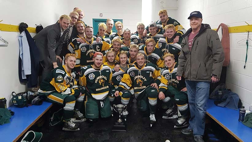 Members of the Humboldt Broncos junior hockey team are shown in a photo posted to the team Twitter feed, @HumboldtBroncos on March 24, 2018 after a playoff win over the Melfort Mustangs. RCMP say they are at the scene of a fatal collision involving a transport truck and a bus carrying the Humboldt Broncos northeast of Saskatoon. (@HumboldtBroncos/CP)