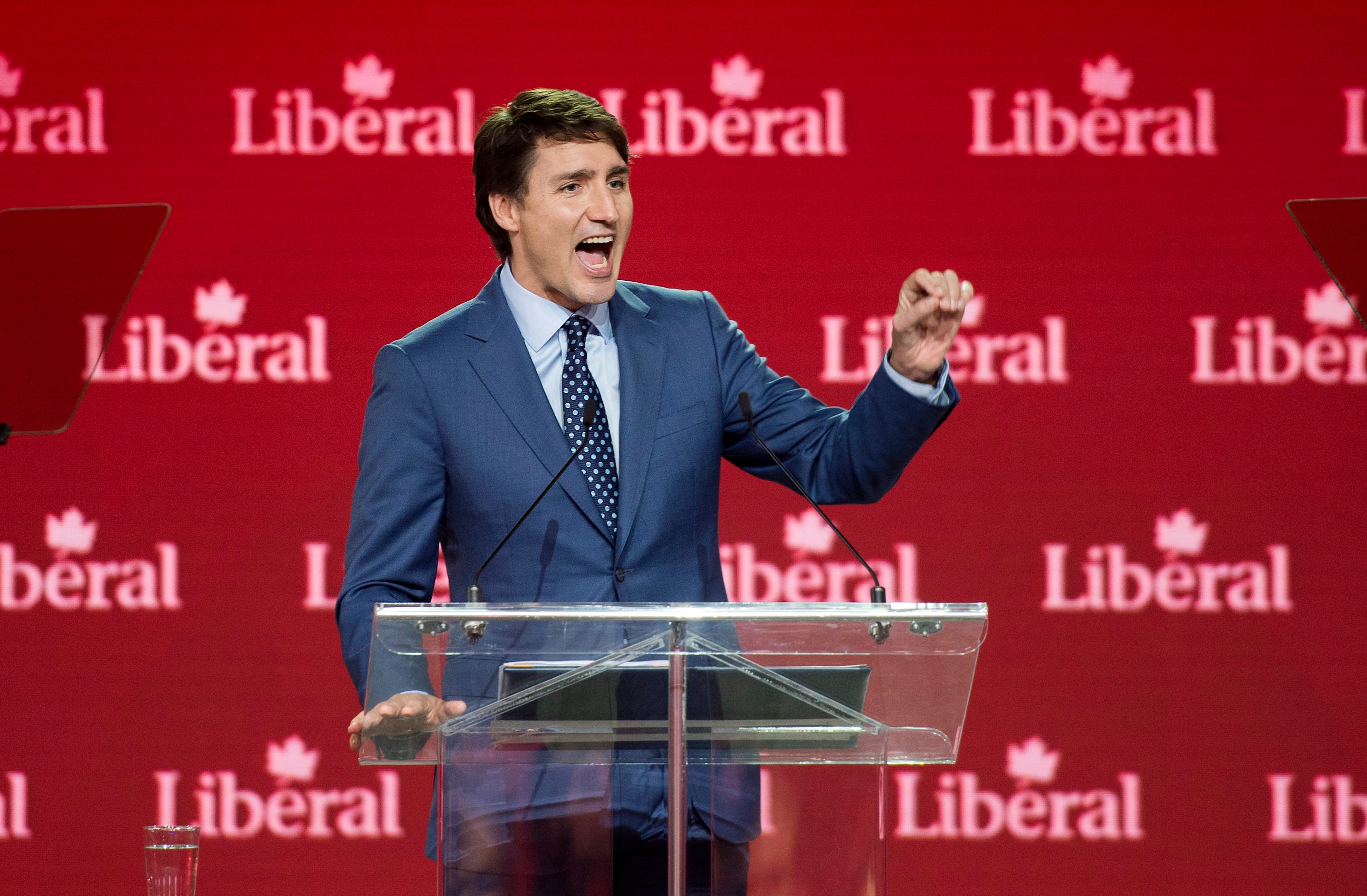 Prime Minister Justin Trudeau delivers a speech at the federal Liberal national convention in Halifax on Saturday, April 21, 2018. THE CANADIAN PRESS/Darren Calabrese