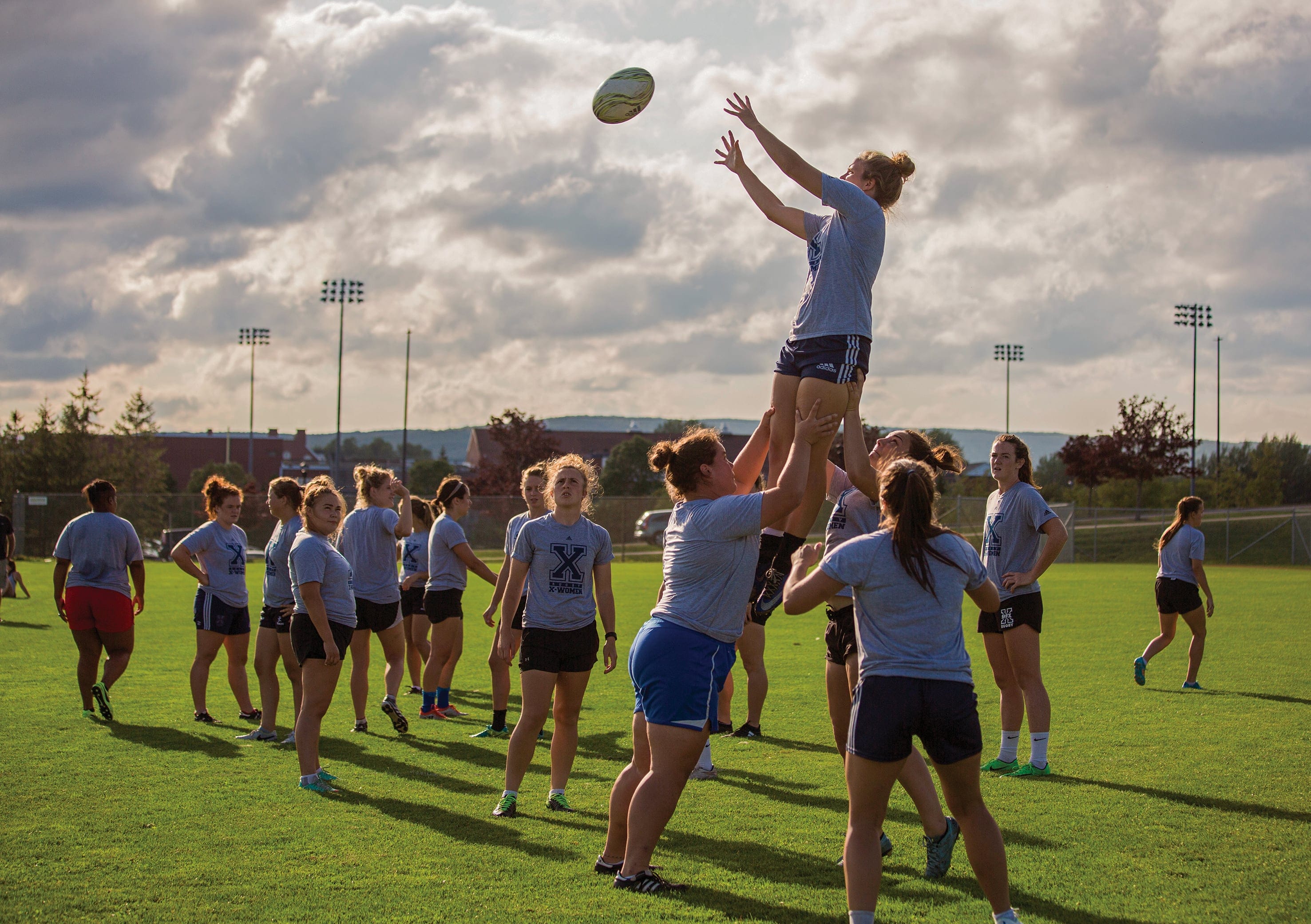 The St. Francis Xavier women's rugby team practices on Wednesday, Sept. 6, 2017. They are currently Canadian champions. (Photograph by Mikaela MacKenzie)