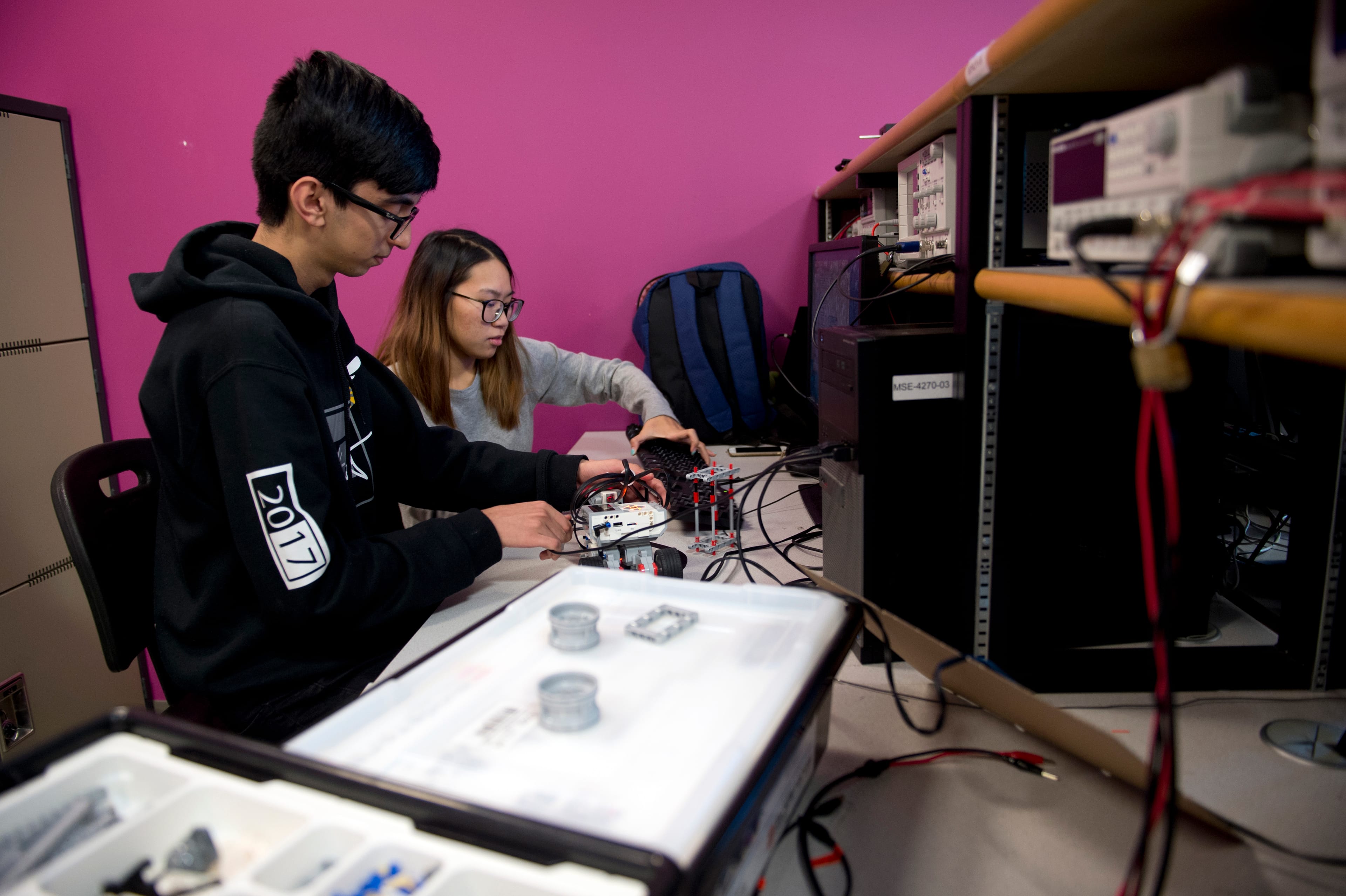 Rakim Zubair, left, and Lina Ngyuen work on a software systems project in a mechatronics lab at the Simon Fraser University Surrey Campus on Friday, Sept. 15, 2017. Students built and programmed a robot to move along a predetermined path for the project. (Photograph by Taehoon Kim)