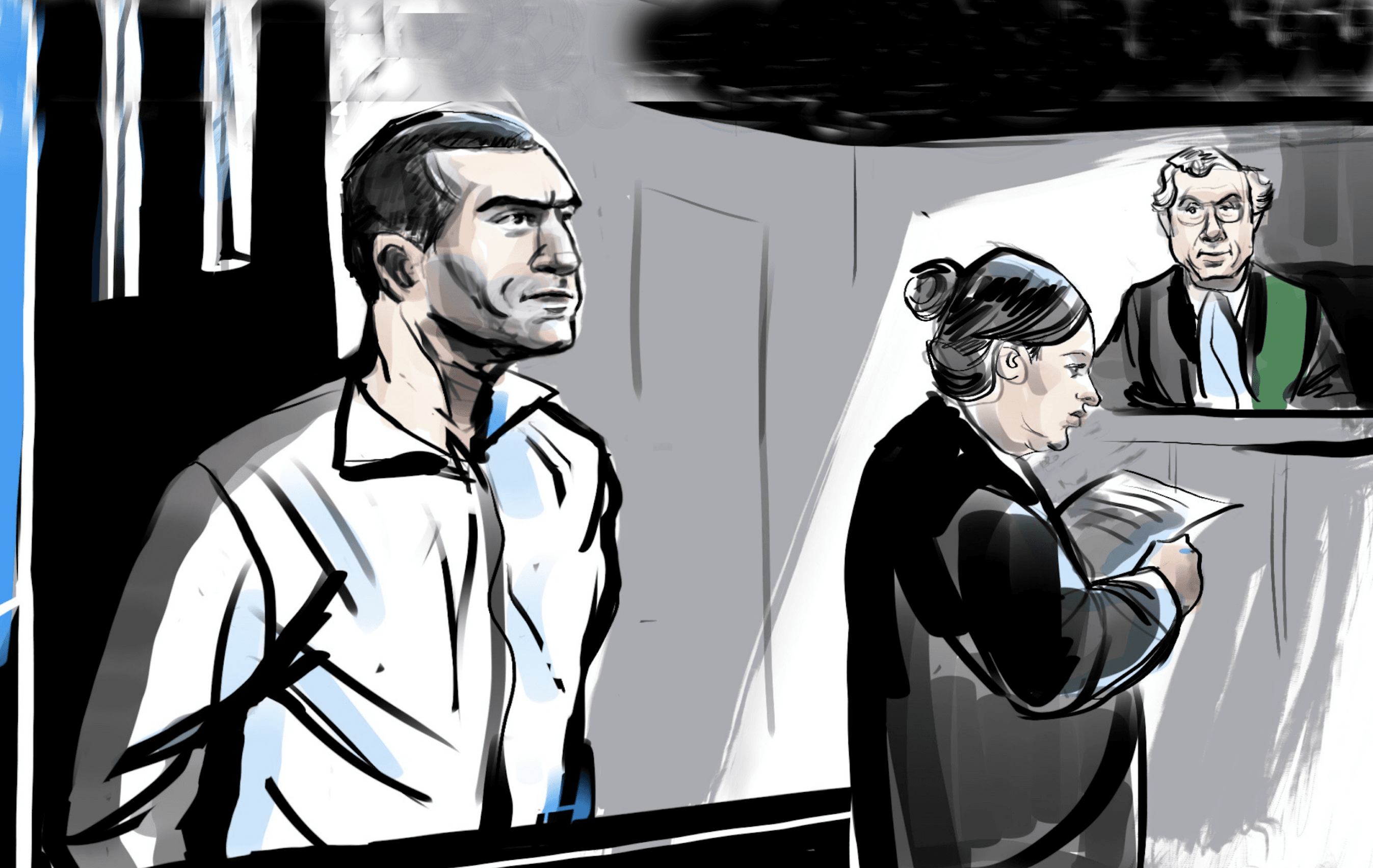 Court sketch of Alek Minassian who appeared in court to face 10 charges of first-degree murder and 13 charges of attempted murder on April 24, 2018. CITYNEWS/Marianne Boucher
