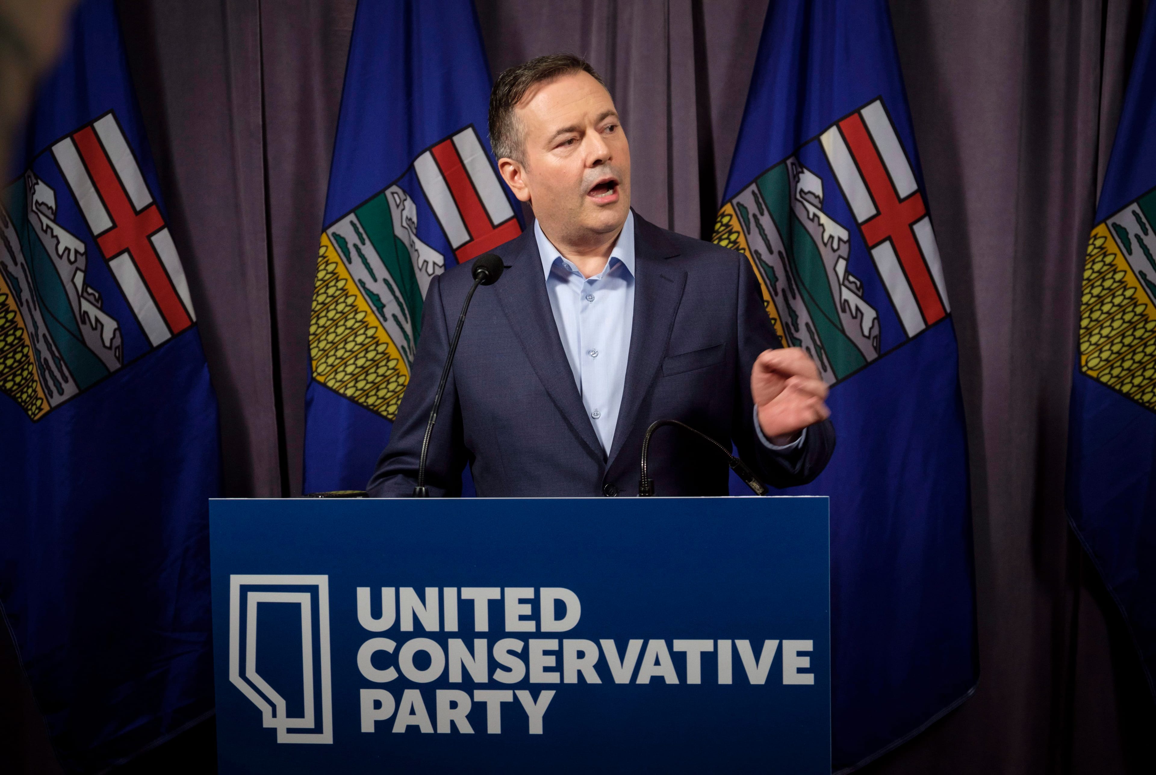 Jason Kenney speaks to the media at his first convention as leader of the United Conservative Party in Red Deer, Alta., Sunday, May 6, 2018.THE CANADIAN PRESS/Jeff McIntosh