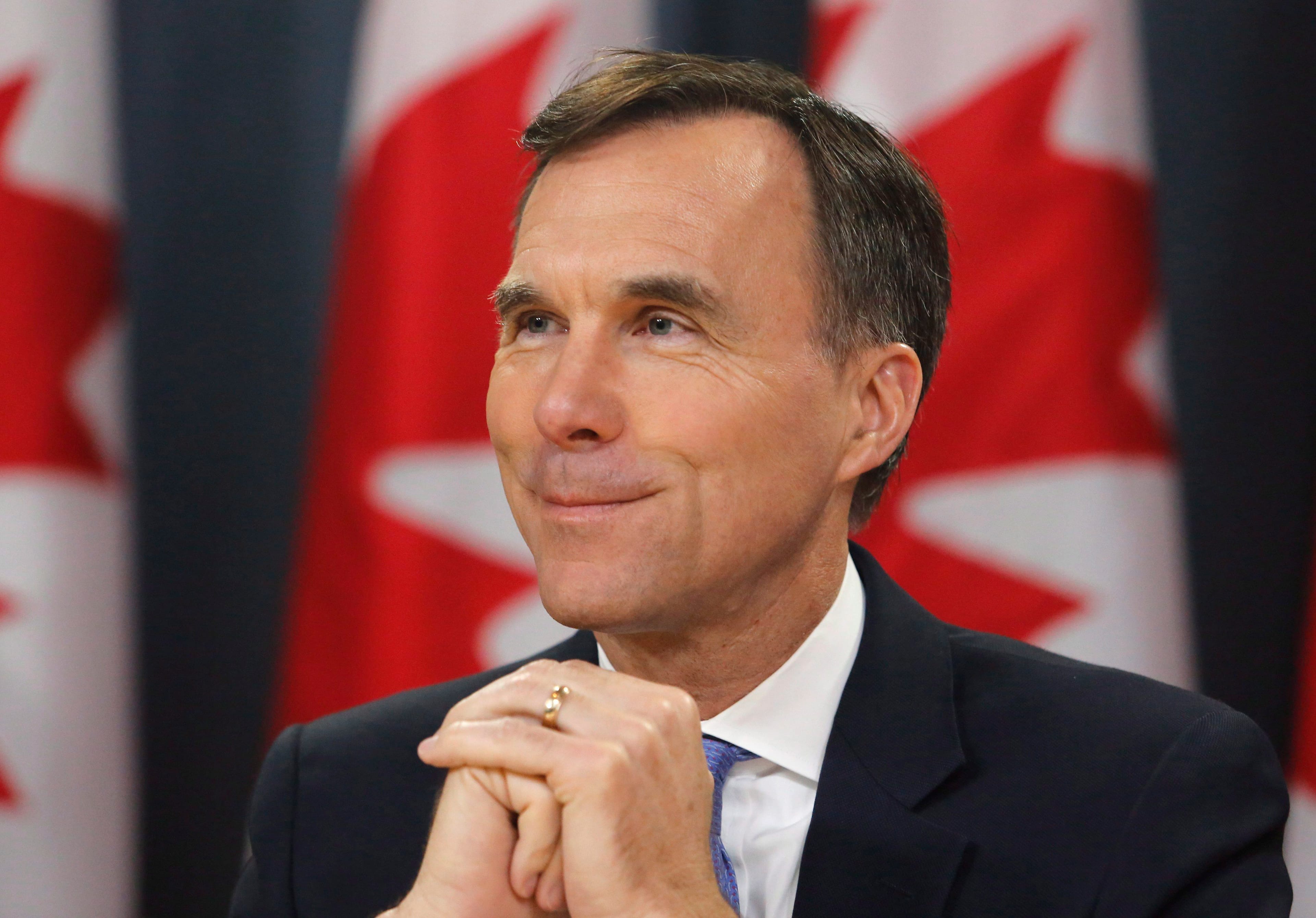 Finance Minister Bill Morneau speaks about the TransMountain pipeline project at a press conference in Ottawa on Wednesday, May 16, 2018. (THE CANADIAN PRESS/ Patrick Doyle)