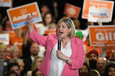 Provincial NDP leader Andrea Horwath delivers a speech to supporters at an NDP rally in Brampton, Monday, May 21, 2018. THE CANADIAN PRESS/Galit Rodan