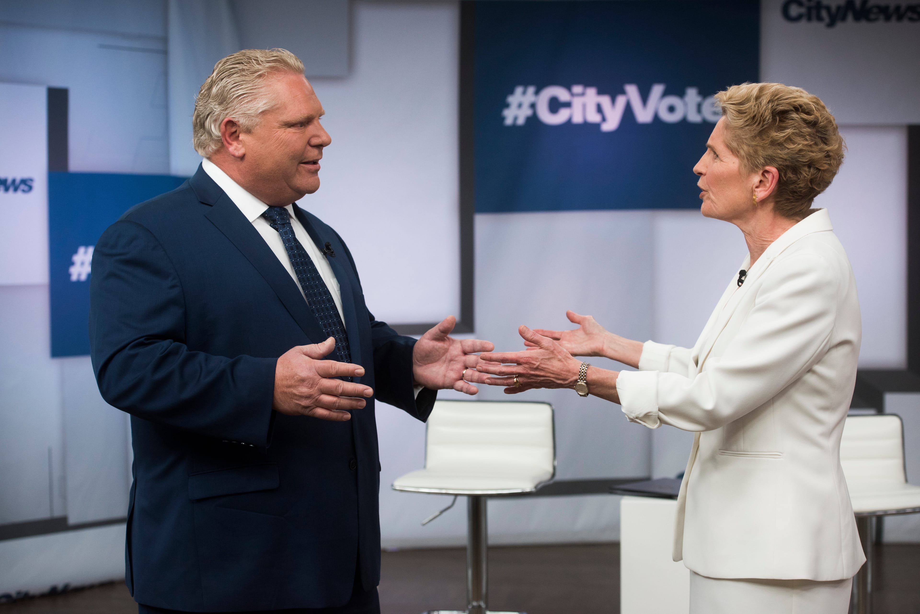 (L-R) Doug Ford, leader of the Progressive Conservative Party of Ontario and Kathleen Wynne, leader of the Ontario Liberal Party during the CityNews first televised debate ahead of this year's Ontario provincial election held at City studios on May 7, 2018 in Toronto. (Marta Iwanek for Maclean's)
