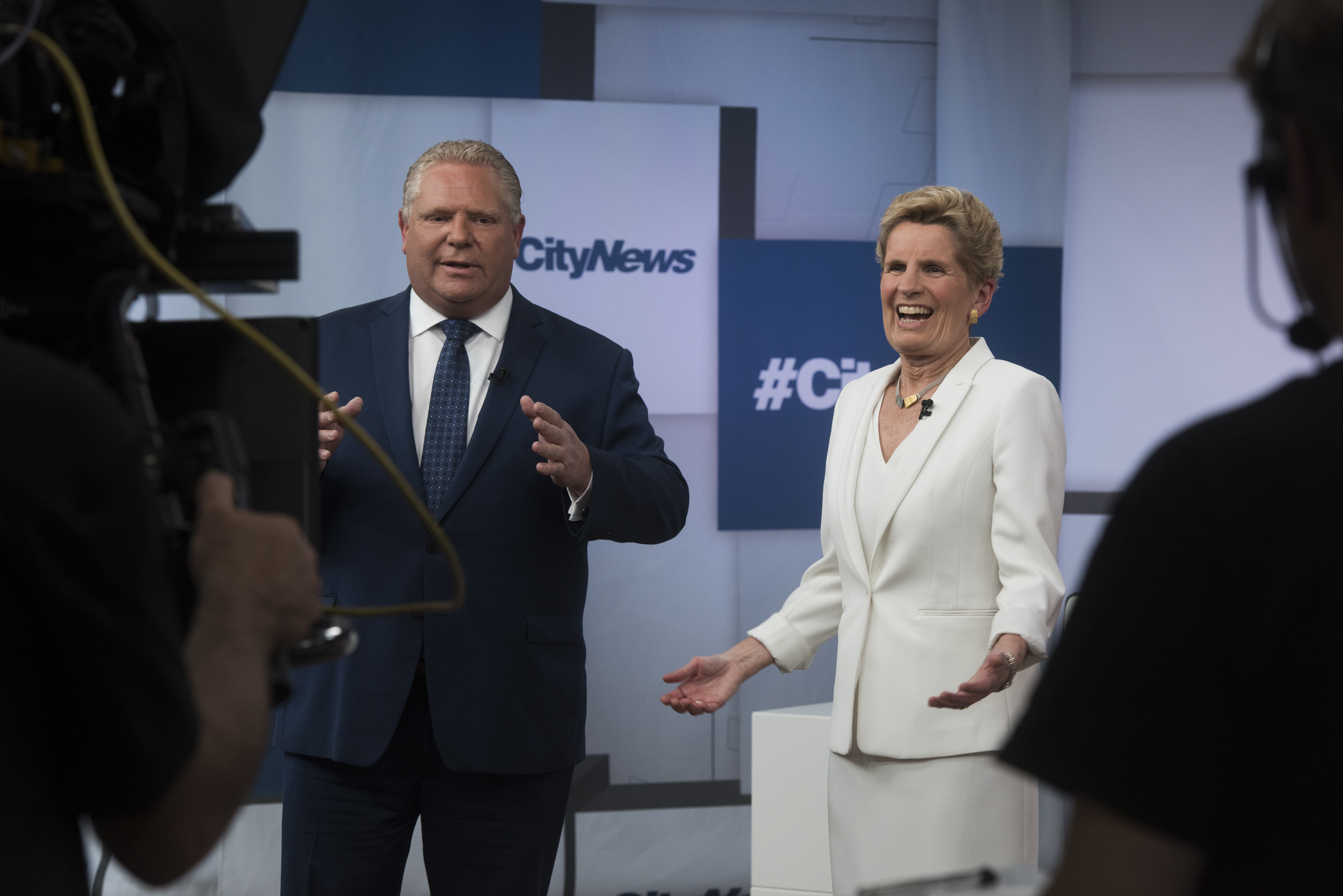 (L-R) Doug Ford, leader of the Progressive Conservative Party of Ontario and Kathleen Wynne, leader of the Ontario Liberal Party during the CityNews first televised debate ahead of this year's Ontario provincial election held at City studios on May 7, 2018 in Toronto. (Marta Iwanek for Maclean's)