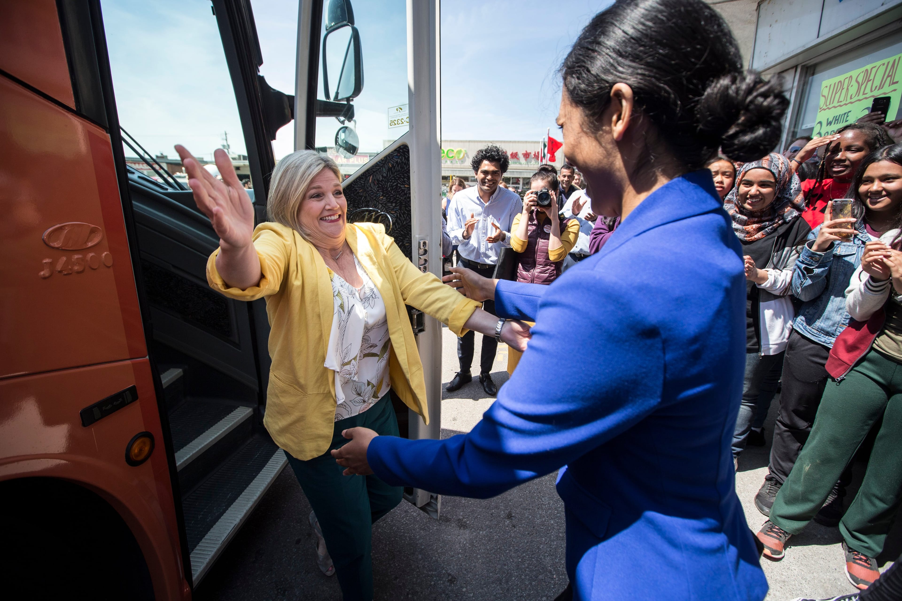 Ontario NDP leader Andre Horwath is greeted by local candidate Doly Begum during a GTA campaign stop. (Bernard Weil/Toronto Star via Getty Images)