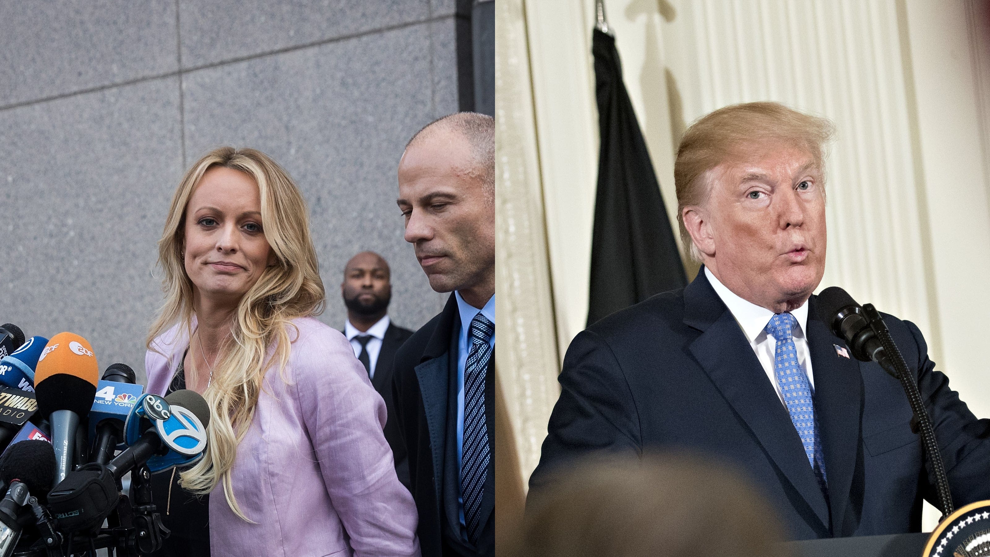 Left: Stormy Daniels (Stephanie Clifford) and her attorny, Michael Avenatti,speak to the media (Drew Angerer/Getty Images)
Right: U.S. President Donald Trump speaks during a news conference (Andrew Harrer/Bloomberg/Getty Images)