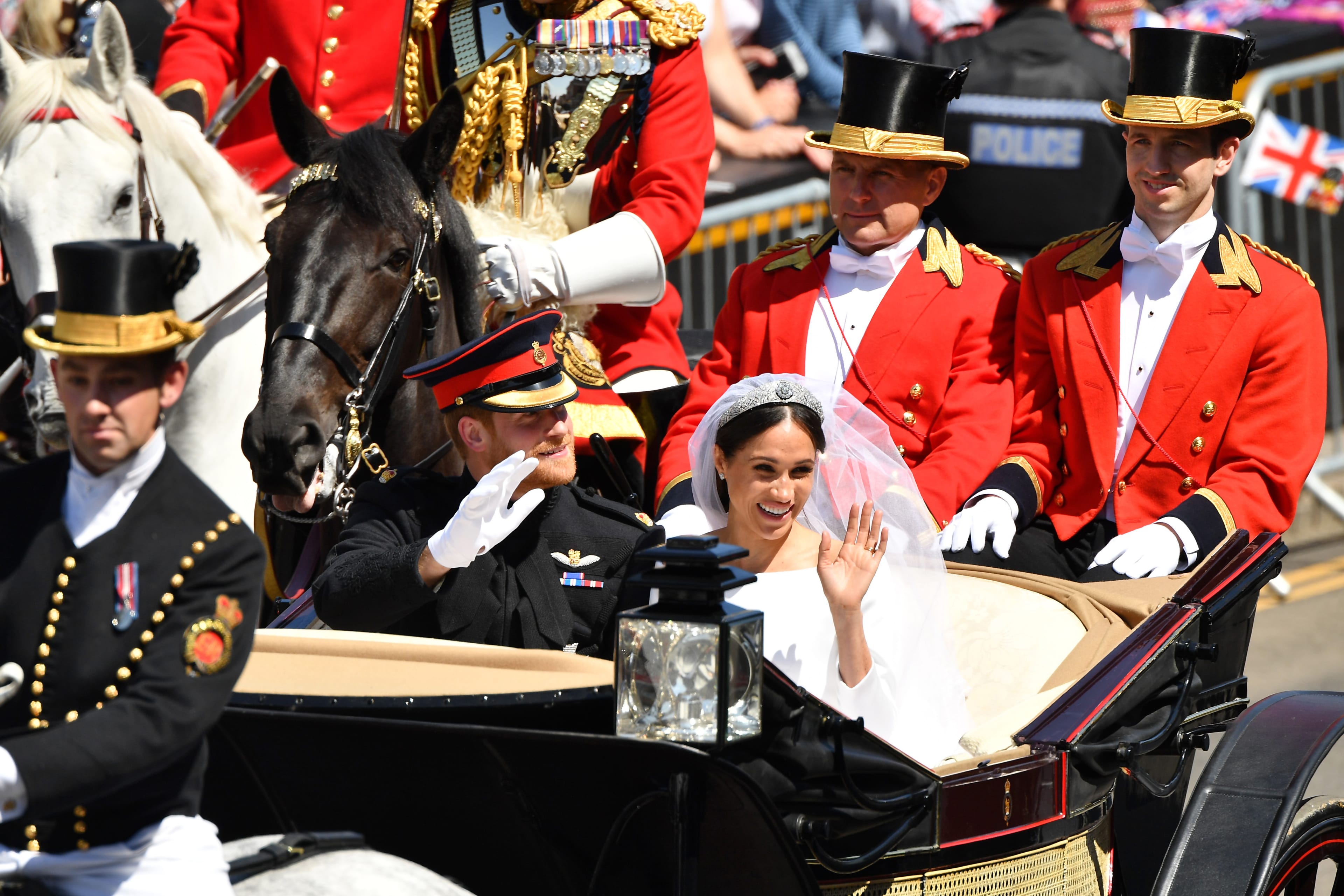 Prince Harry, Duke of Sussex and Meghan, Duchess of Sussex leave Windsor Castle in the Ascot Landau carriage.  (Leon Neal/Getty Images)