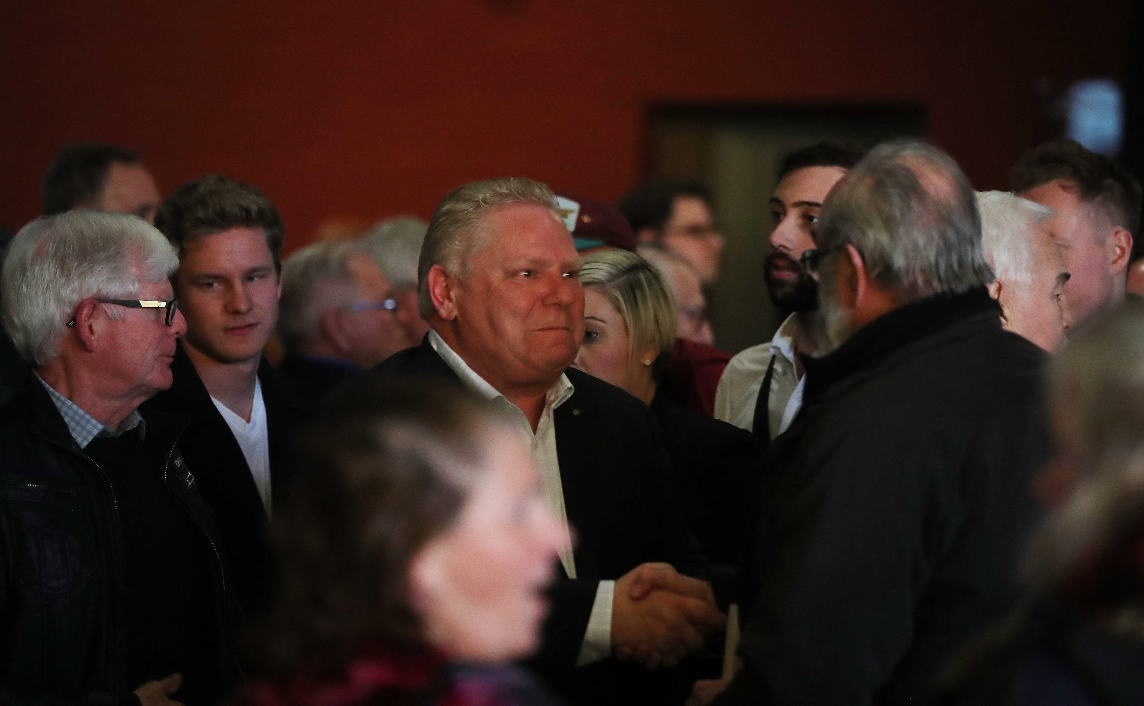 SUDBURY, ON- APRIL 11  -  PC Leader Doug Ford skips the Provincial Leaders debate hosted by the Black Community to campaign in Northern Ontario including this a rally attended by approximately 300 people at Cambrian College  in Sudbury. April 11, 2018.        (Steve Russell/Toronto Star via Getty Images)