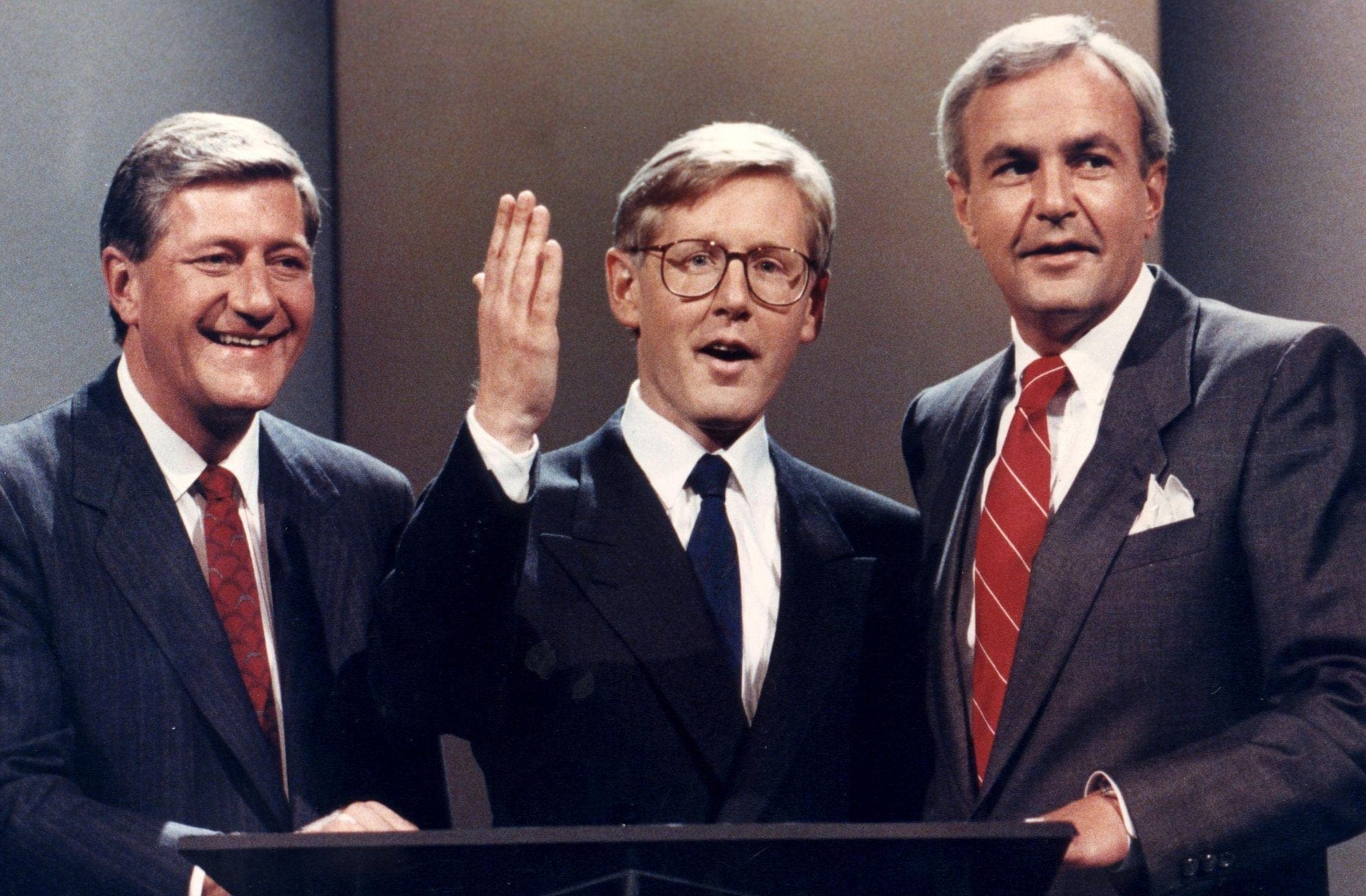 From left to right: Progressive Conservative leader Mike Harris, NDP leader Bob Rae and Liberal leader David Peterson stand together prior to a Ontario leaders debate in Toronto in this August 1990 photo. (Hans Deryk/CP Picture Archive)