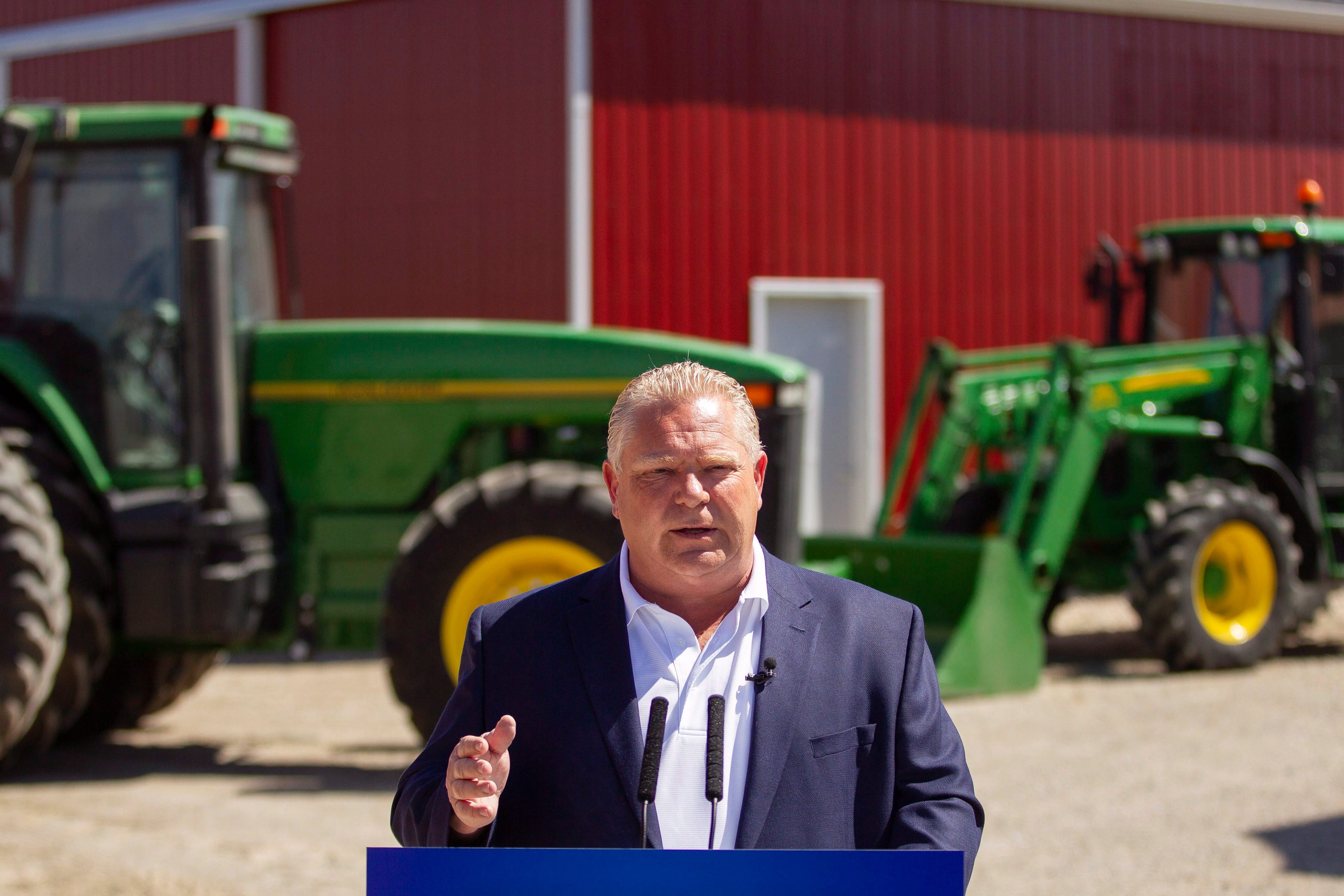 Ontario PC leader Doug Ford makes an announcement during a campaign stop on a farm in the town of Lakeshore, Ont. on Wednesday, May 23, 2018. THE CANADIAN PRESS/ Geoff Robins
