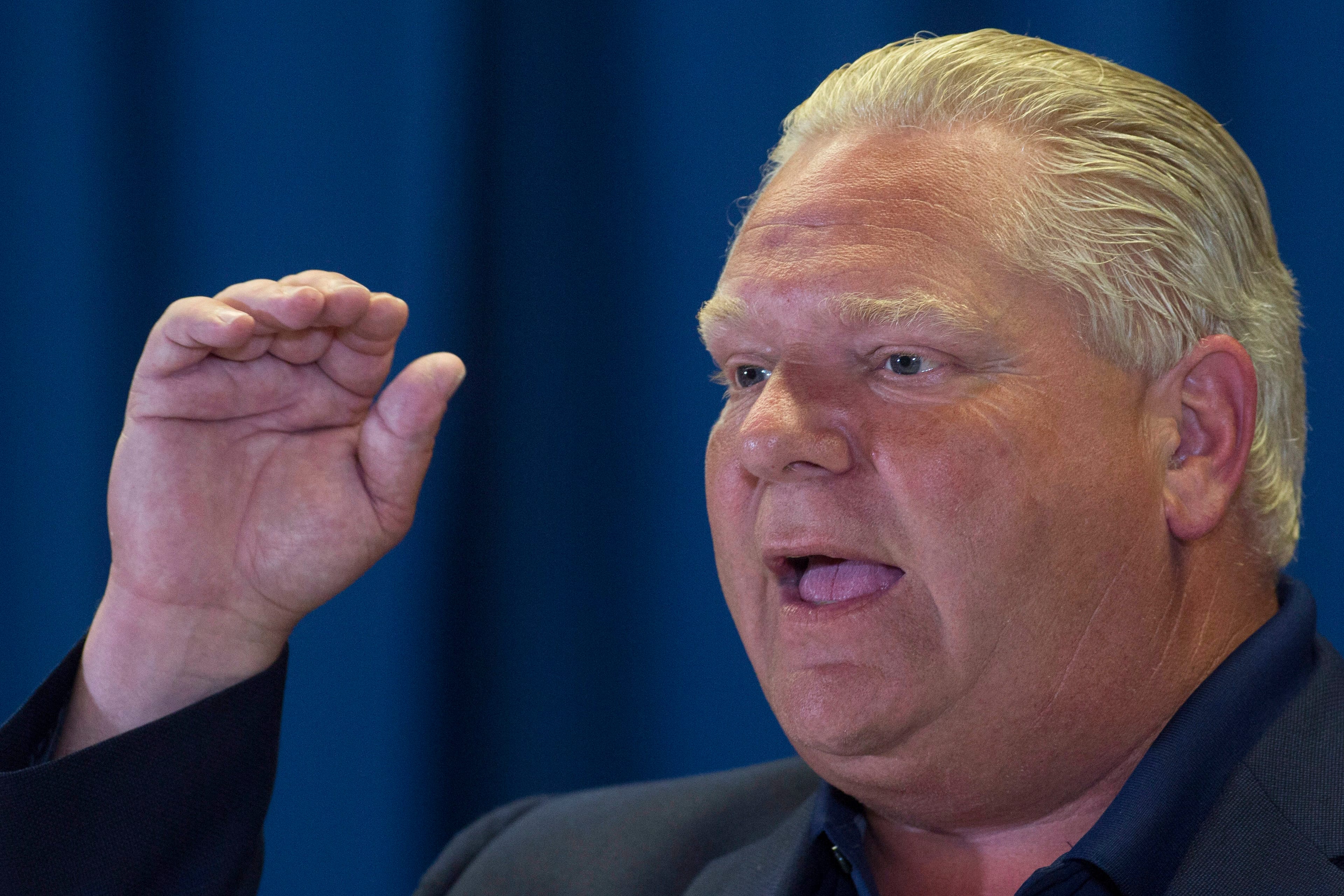 Progressive Conservative party leader Doug Ford speaks to media during a campaign stop in Kingston, Ont., on Sunday on June 3, 2018. (THE CANADIAN PRESS/Lars Hagberg)
