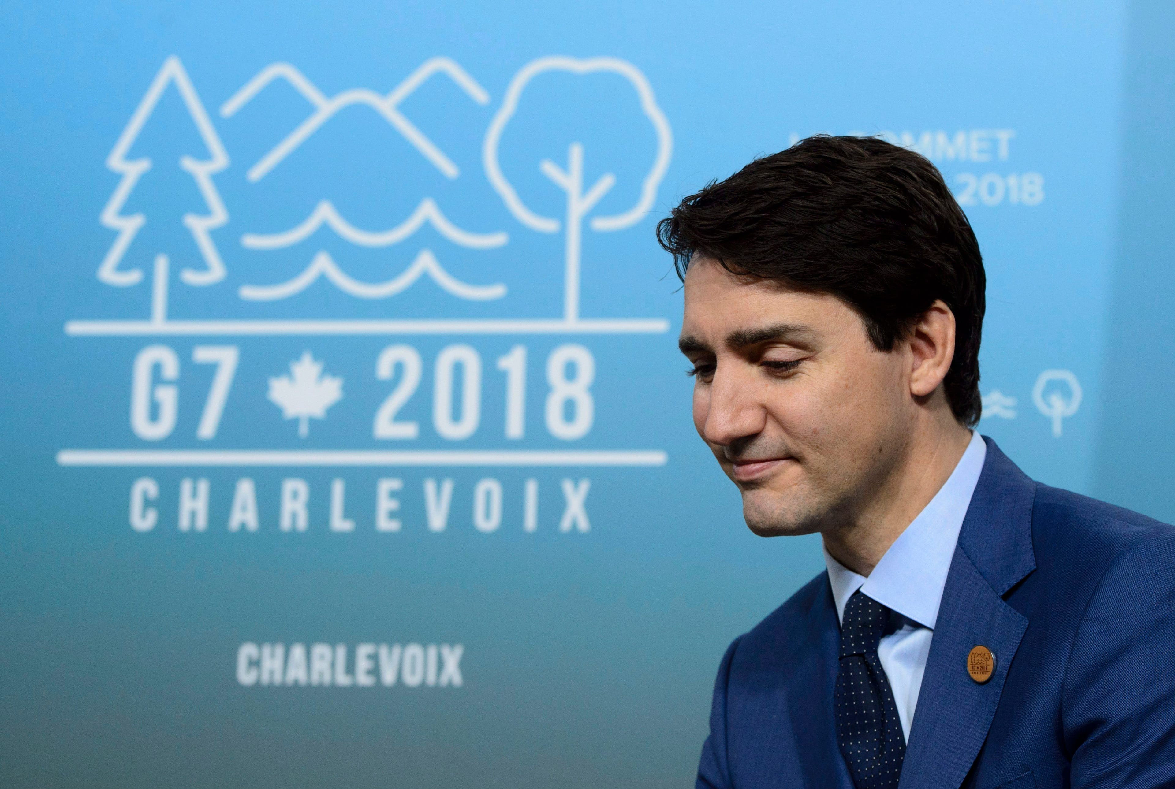 Prime Minister Justin Trudeau takes part in a meeting at the G7 Leaders Summit in La Malbaie, Que., on Friday, June 8, 2018. (THE CANADIAN PRESS/Sean Kilpatrick)