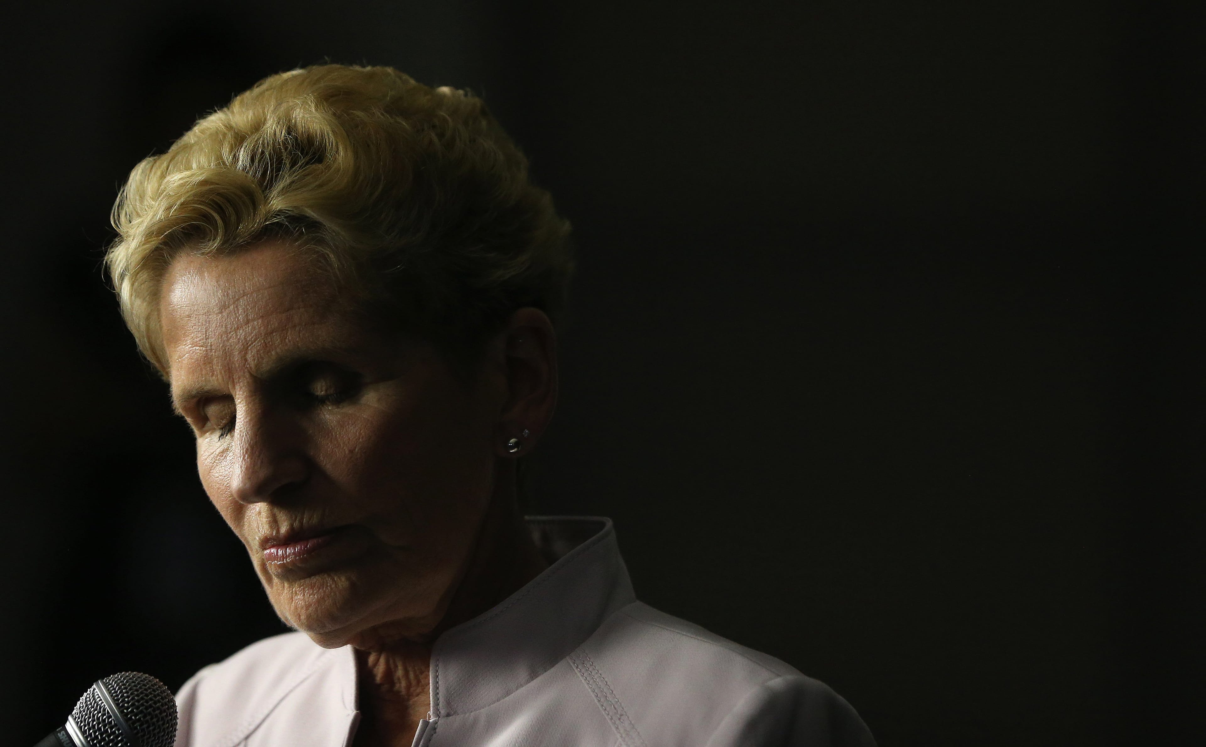 Premier Kathleen Wynne takes questions in a post-debate scrum after the final leadership debate before the election at the CBC Building on May 27, 2018. (Steve Russell/Toronto Star via Getty Images)