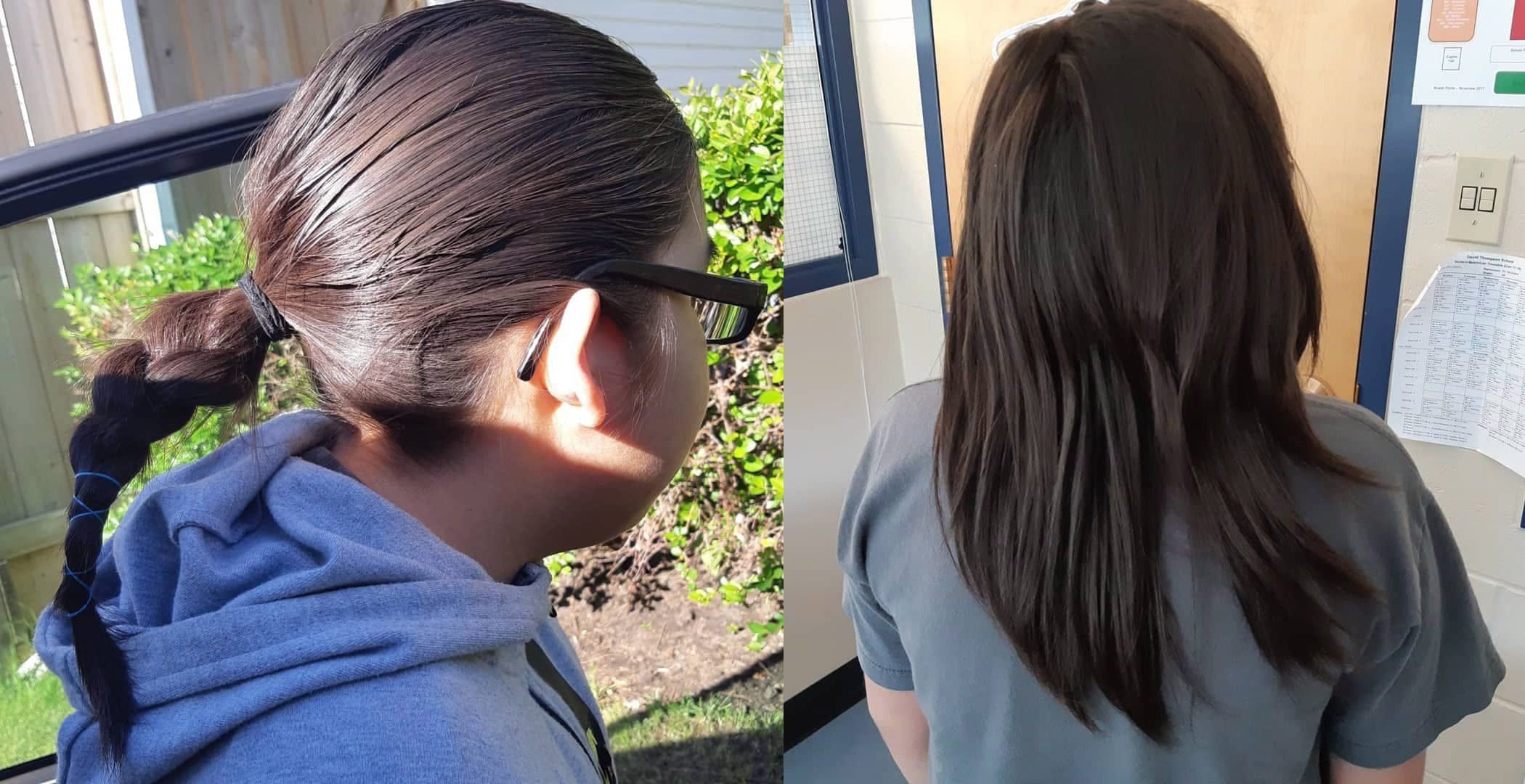 Left: Rafe Vadnais shows off his hair braid in a recent photo. 
Right: his hair after the braid was partially cut by a fellow student 
(Shantel Tallow/CP)