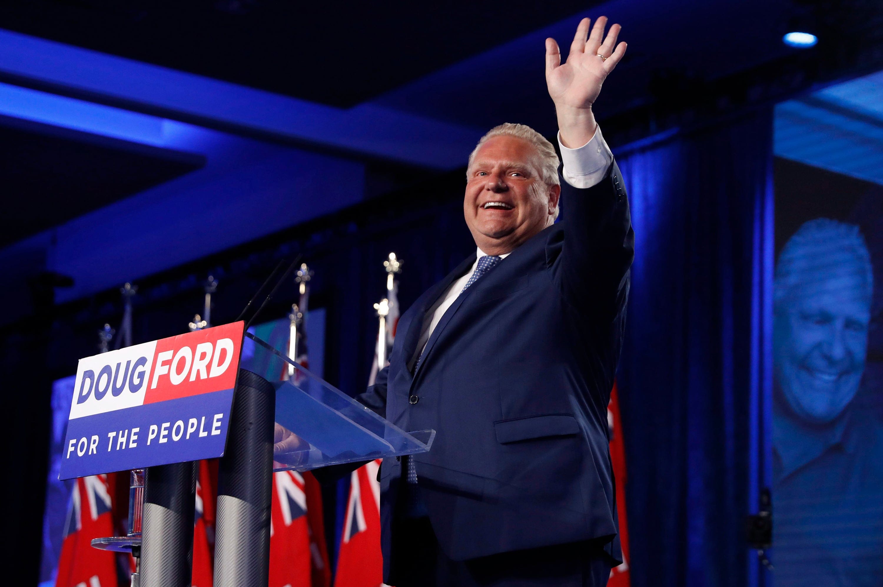 Ontario PC leader Doug Ford reacts after winning the Ontario Provincial election to become the new Premier in Toronto on Thursday, June 7, 2018. (Mark Blinch/CP)