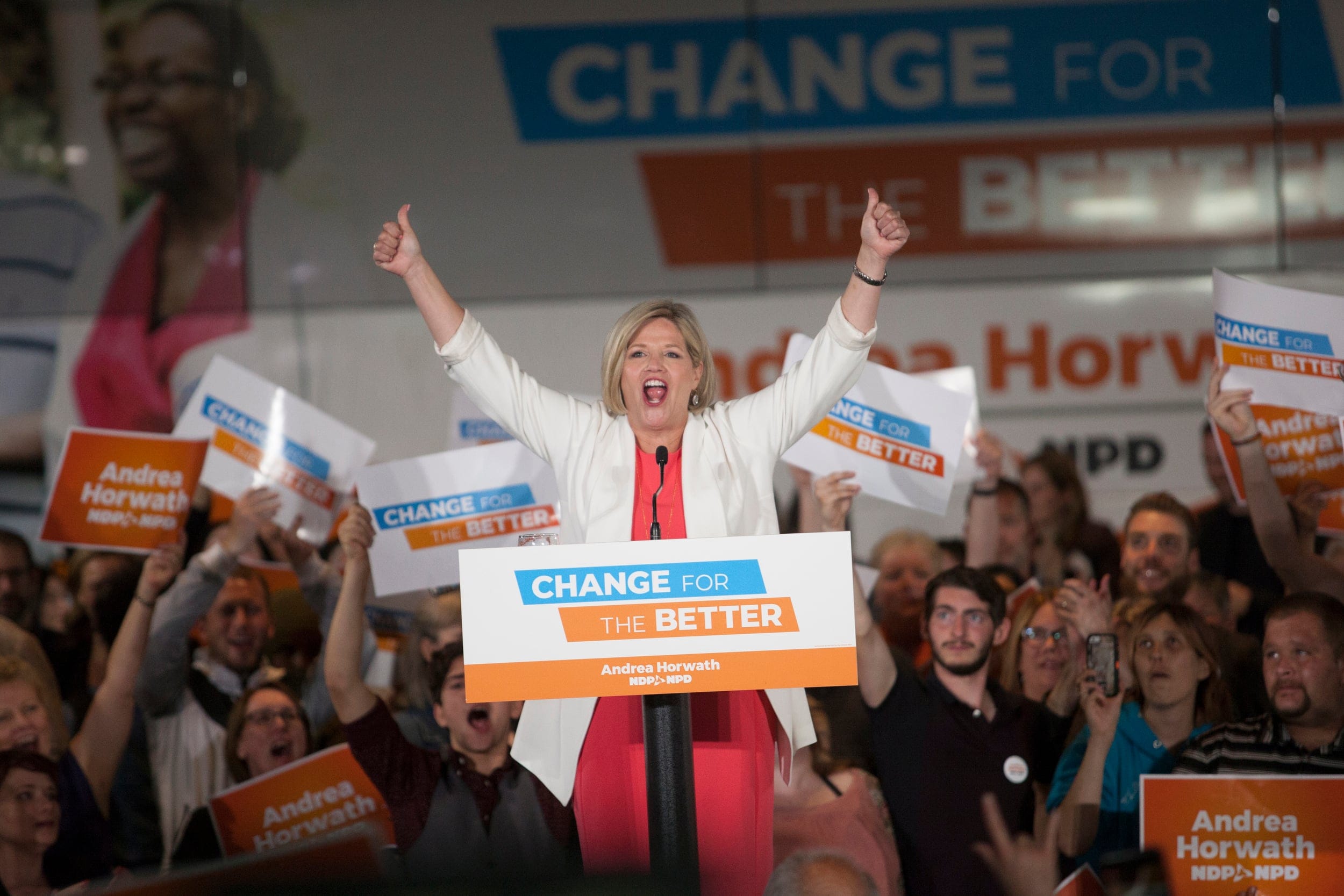 Official opposition leader Andrea Horwath speaks to her supporters after election results are released at the NDP headquarters at the Hamilton Convention Centre. (Photograph by Chloë Ellingson)