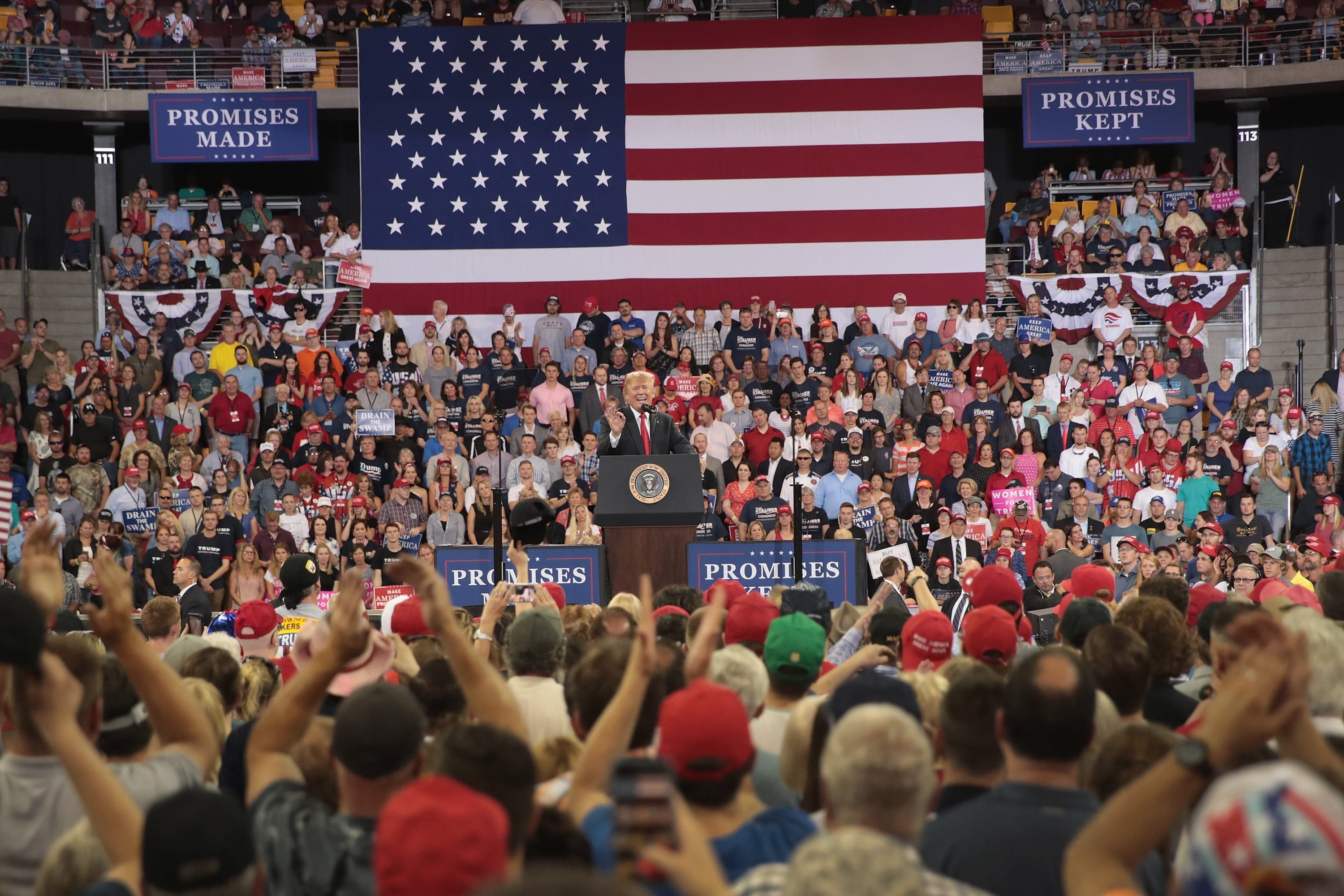 President Donald Trump speaks to supporters during a campaign rally at the Amsoil Arena on June 20, 2018 in Duluth, Minnesota. (Scott Olson/Getty Images)