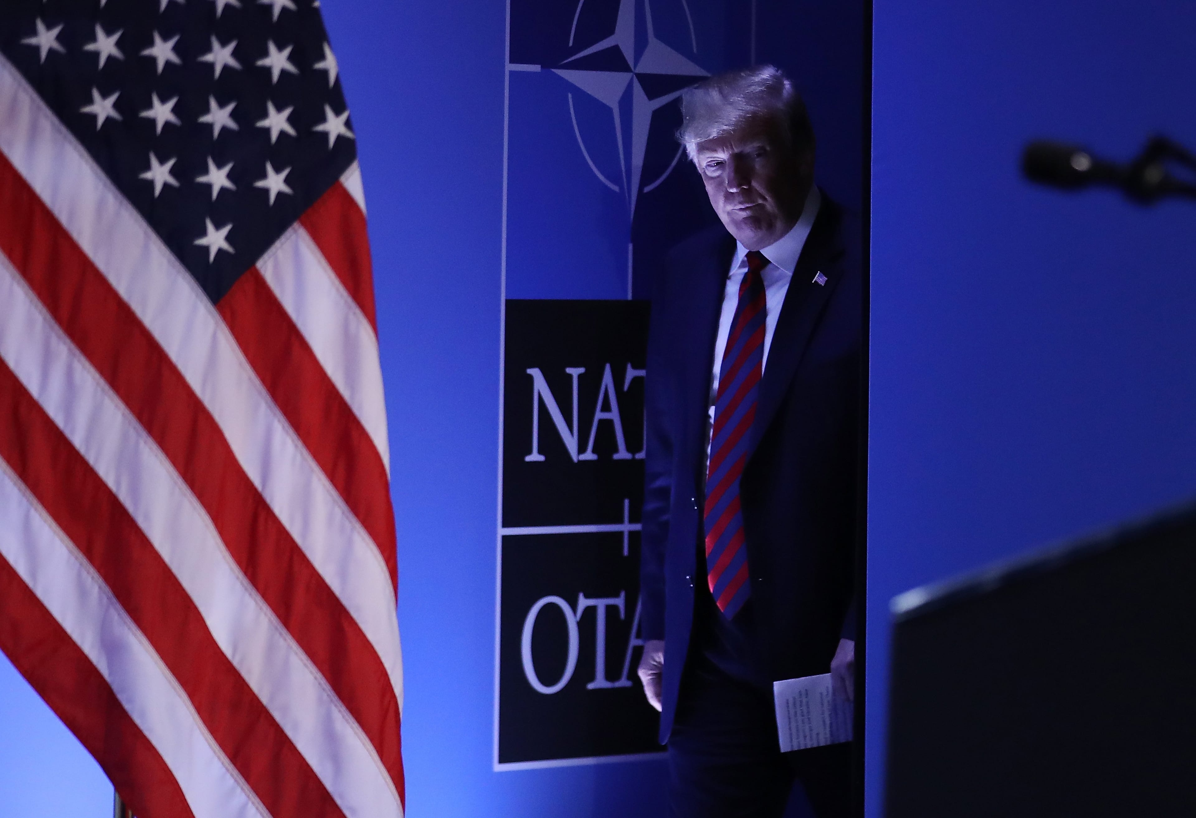 U.S. President Donald Trump arrives to speak to the media at a press conference on the second day of the 2018 NATO Summit on July 12, 2018 in Brussels, Belgium. (Sean Gallup/Getty Images)