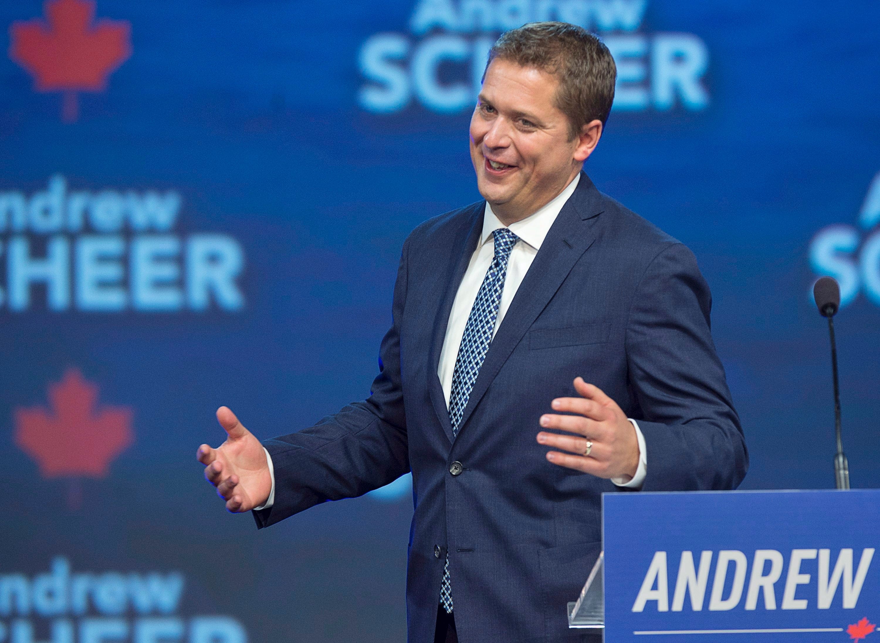 Conservative Party of Canada Leader Andrew Scheer reacts to the crowd as he prepares to speak at the party's national policy convention in Halifax on Friday, Aug. 24, 2018. (THE CANADIAN PRESS/Andrew Vaughan)