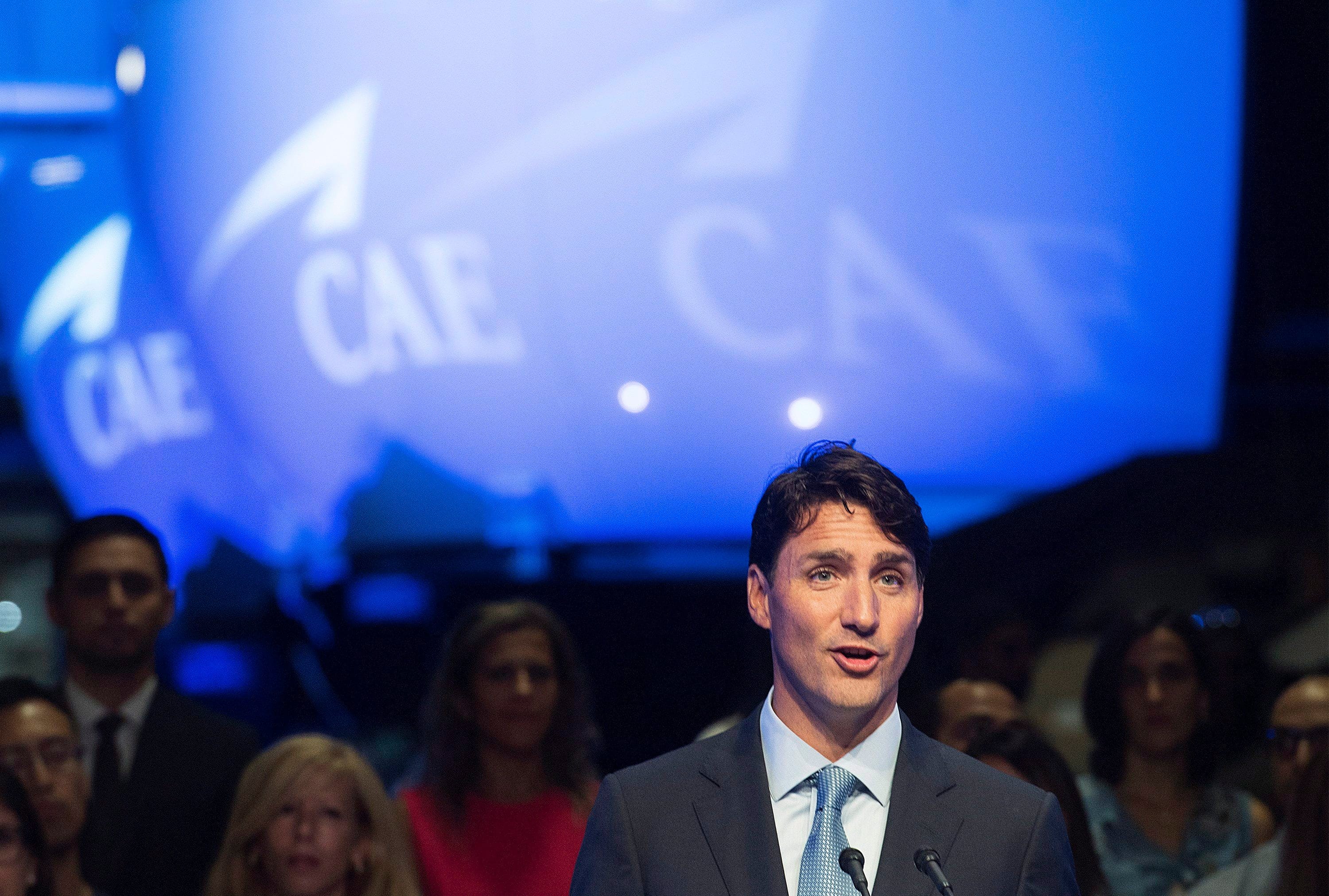 Prime Minister Justin Trudeau speaks during a visit to CAE in Montreal, Wednesday, August 8, 2018.THE CANADIAN PRESS/Graham Hughes