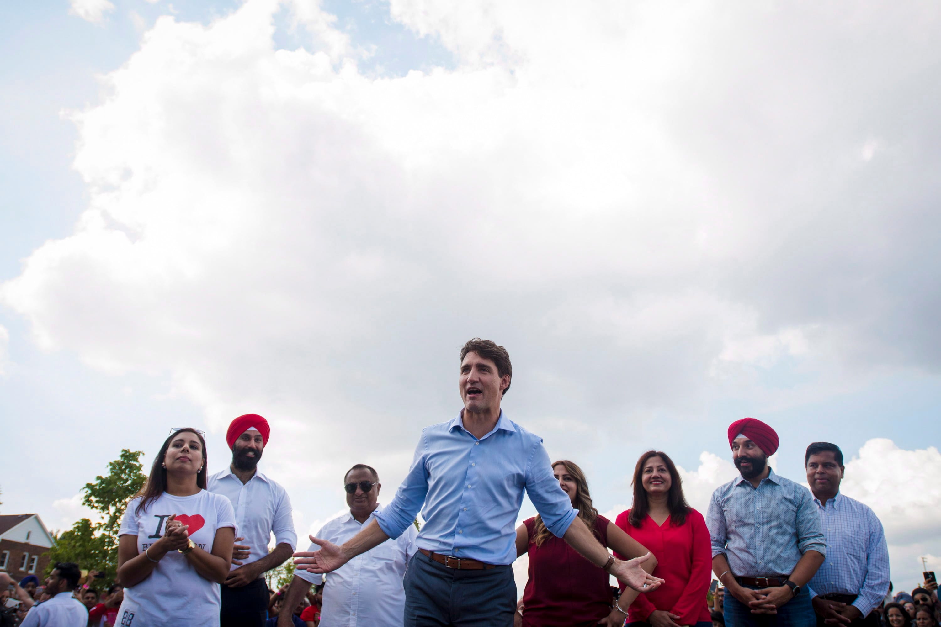 Prime Minister Justin Trudeau delivers remarks to supporters during a community barbecue in Brampton, Ont., on Saturday, Sept. 15, 2018. (THE CANADIAN PRESS/ Tijana Martin)