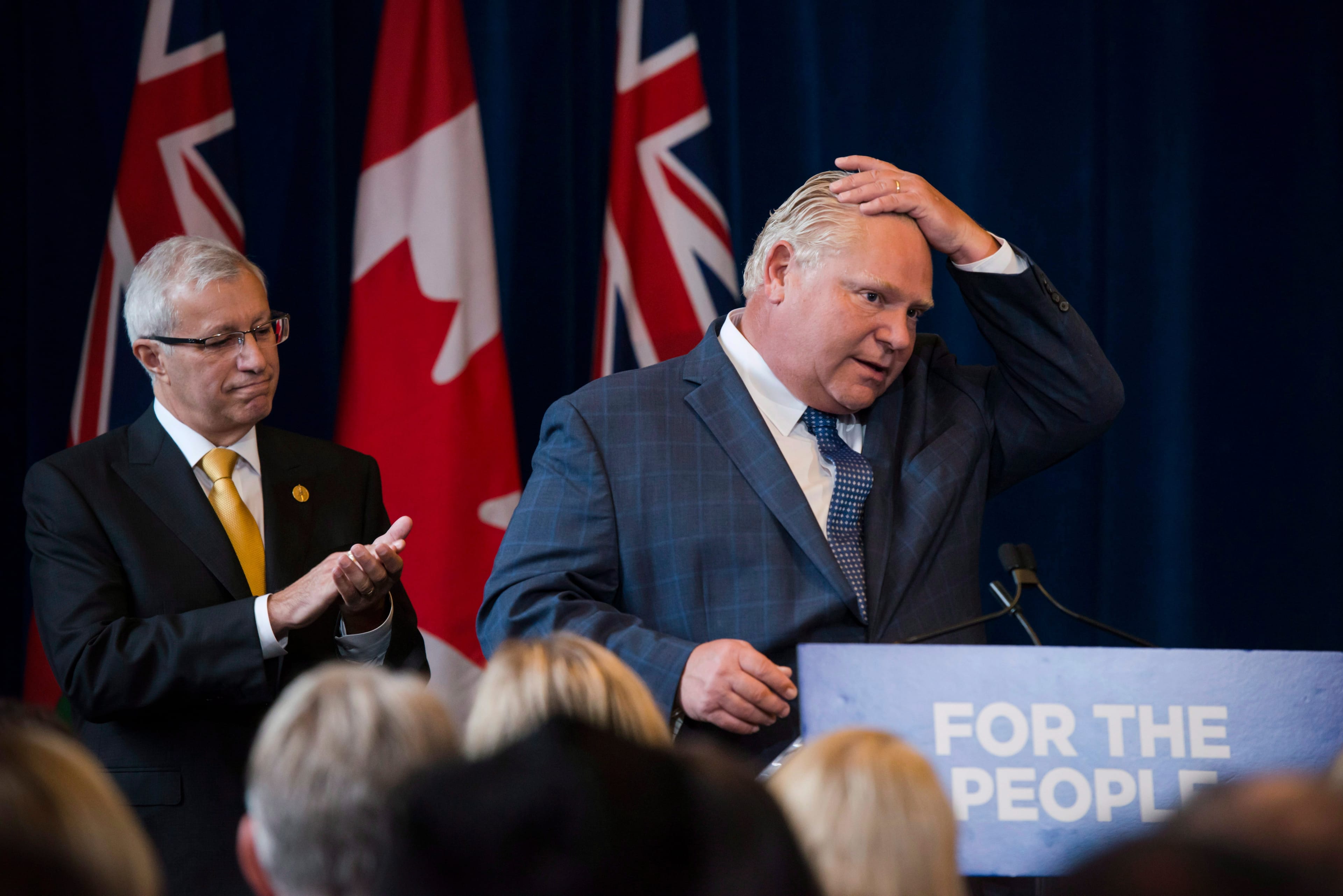 Premier Doug Ford speaks to members of his caucus in Toronto on Monday, Sept. 24, 2018. (THE CANADIAN PRESS/Christopher Katsarov)
