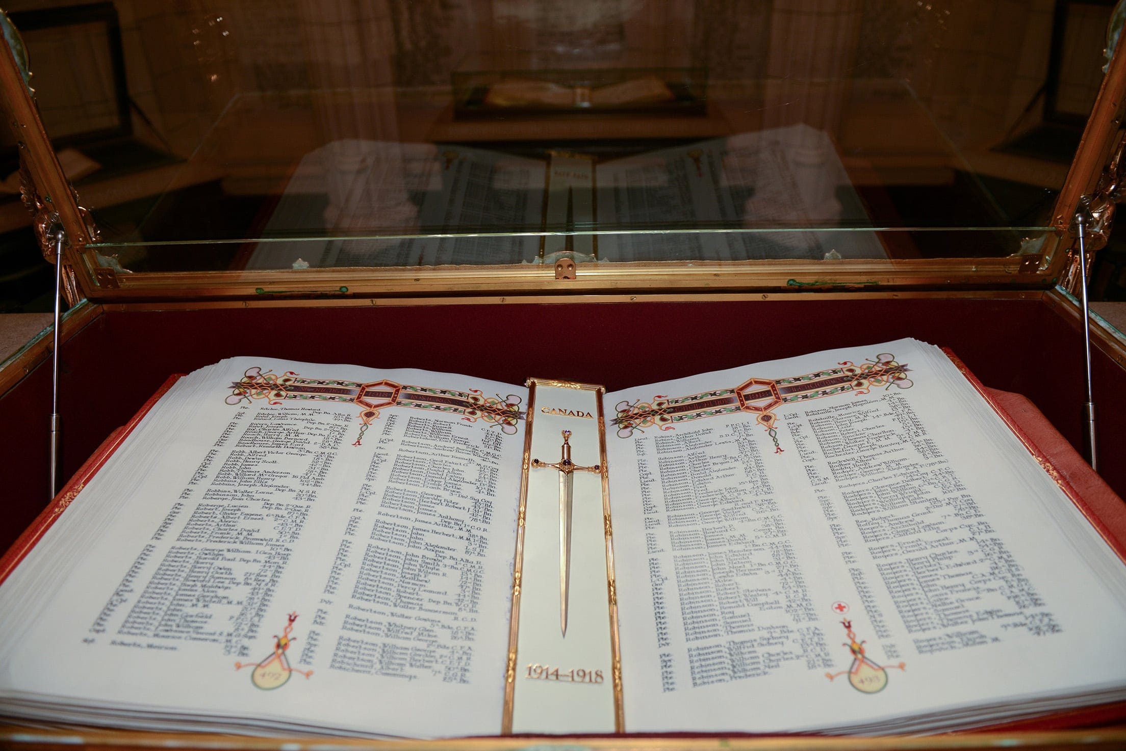 The First World War Book of Remembrance, held in the Peace Tower in Ottawa; a digitized version is in the Canadian Virtual War Memorial (Colour Sergeant Rob McKinnon, Directorate Army Public Affairs/DND/MDN Canada)